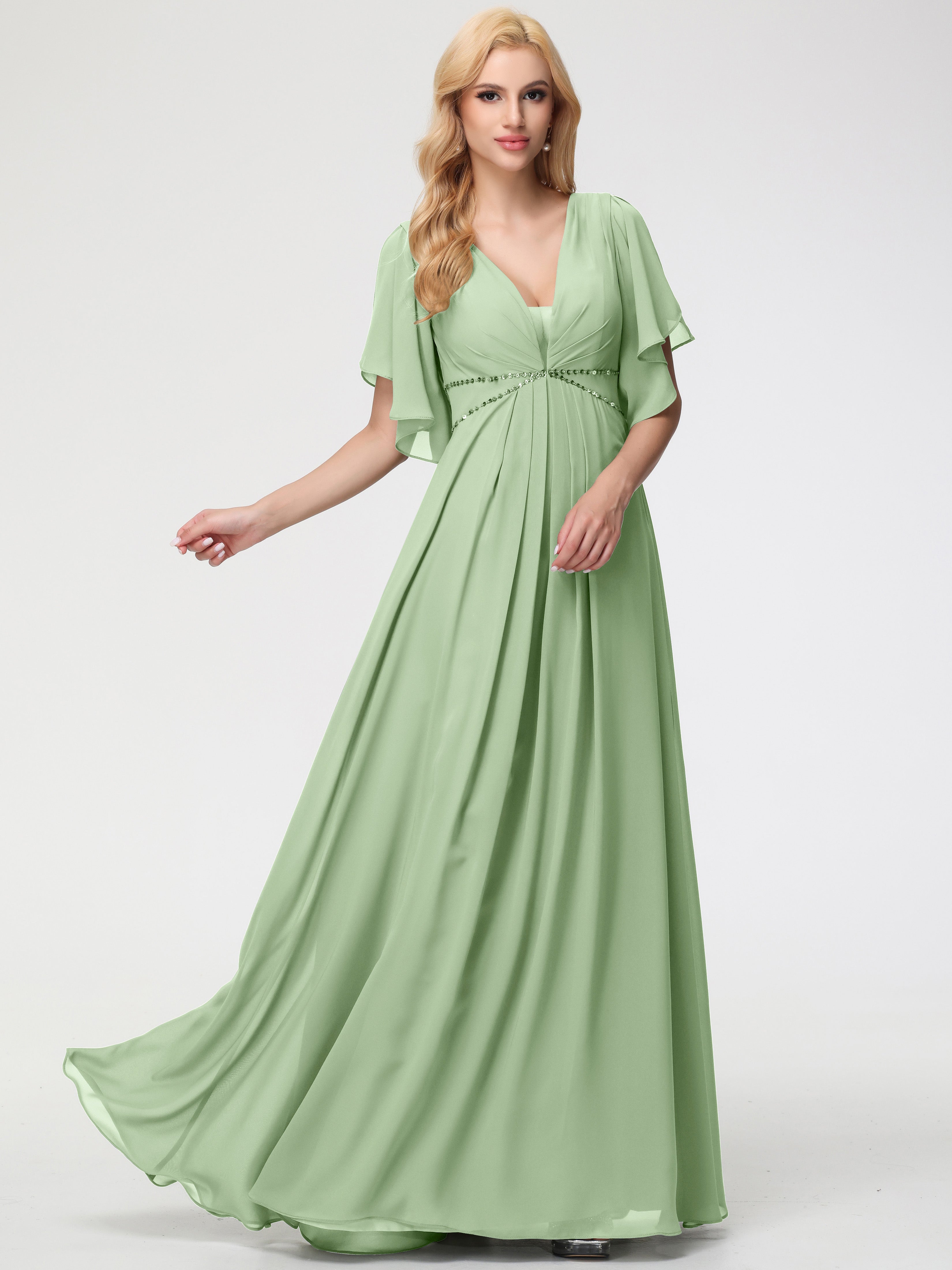 A-Line Sequins Sleeves Floor-Length Chiffon Bridesmaid Dresses