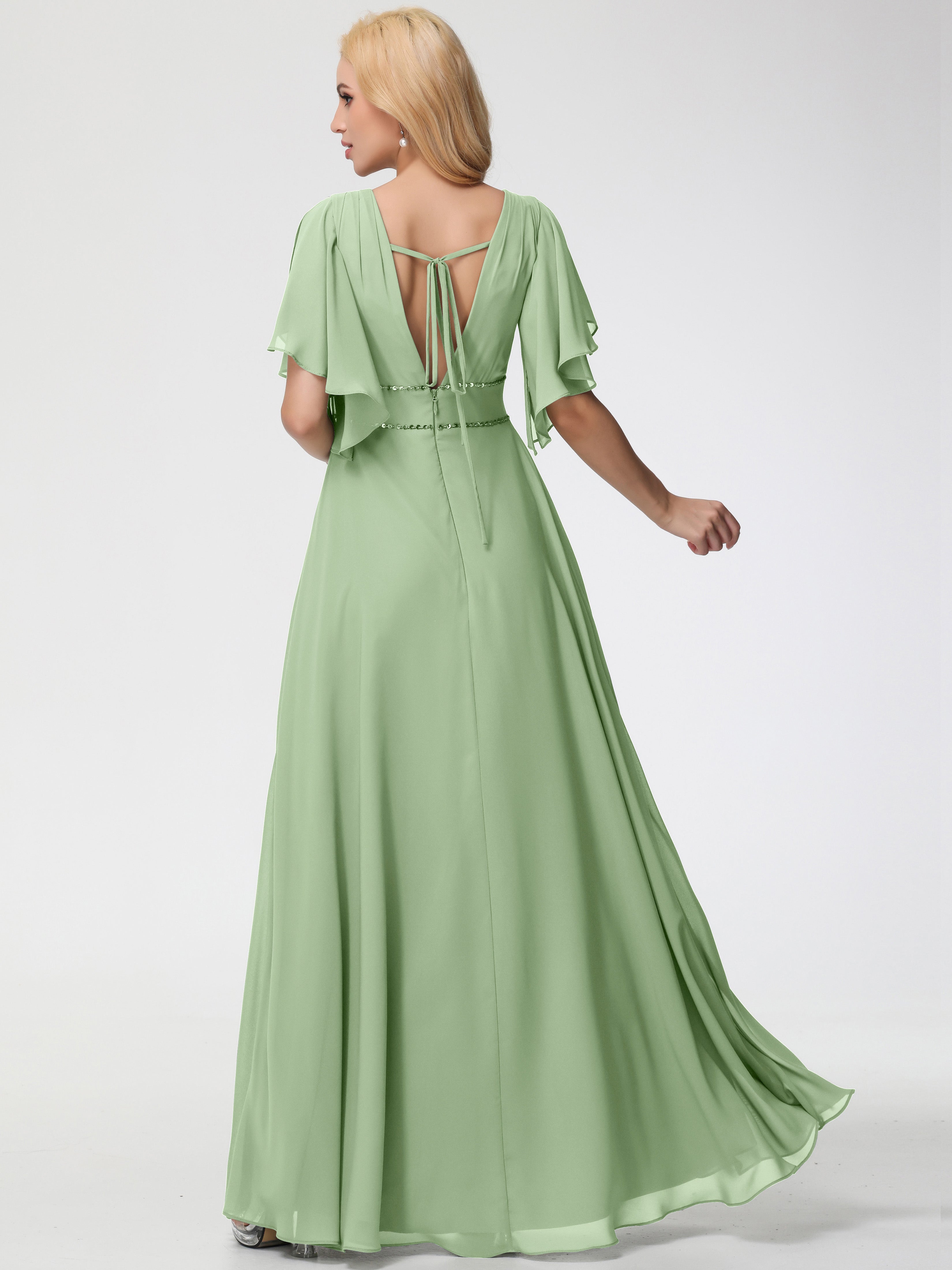 A-Line Sequins Sleeves Floor-Length Chiffon Bridesmaid Dresses