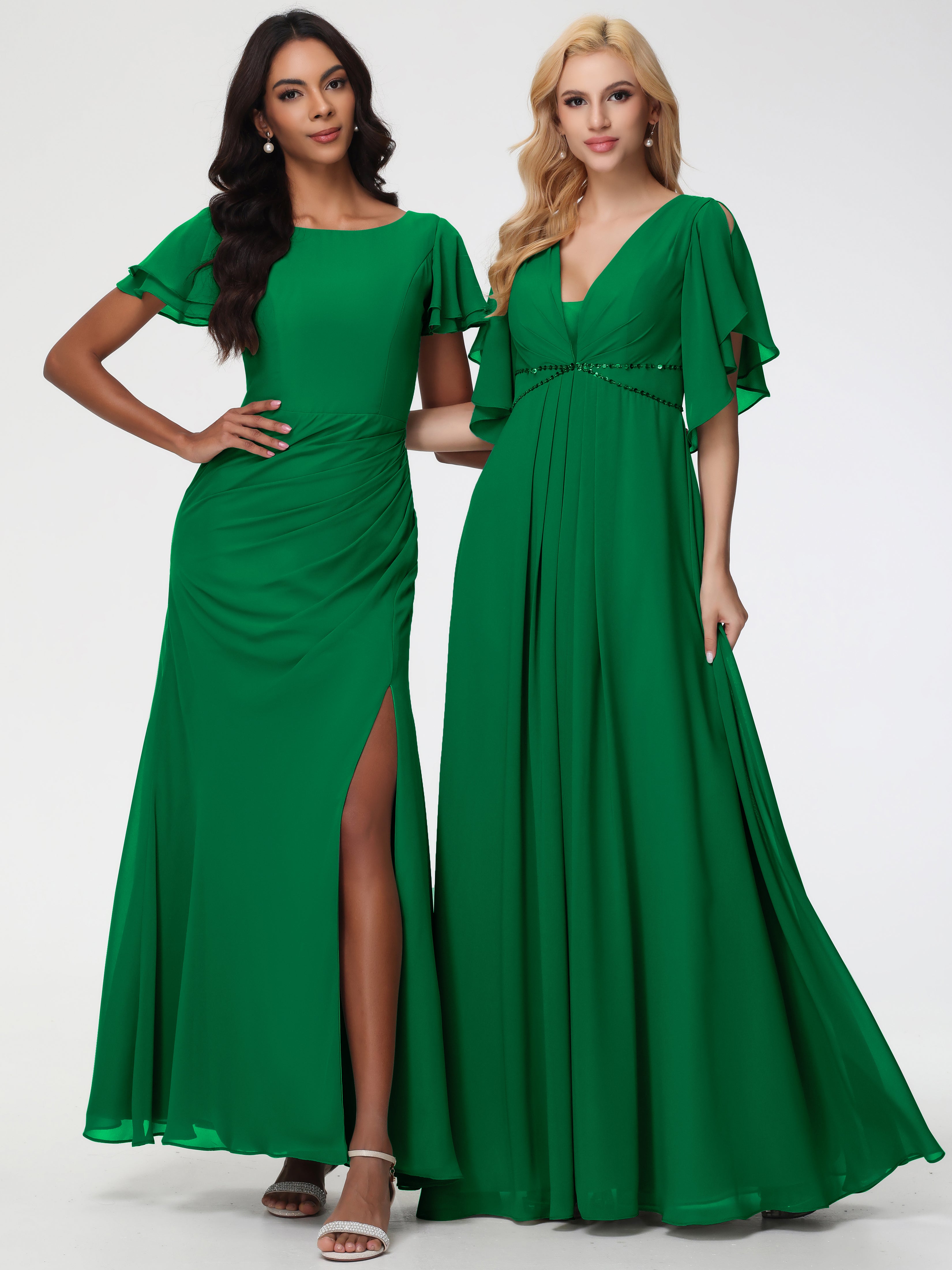 A-Line Sequins Sleeves Floor-Length Chiffon Bridesmaid Dresses