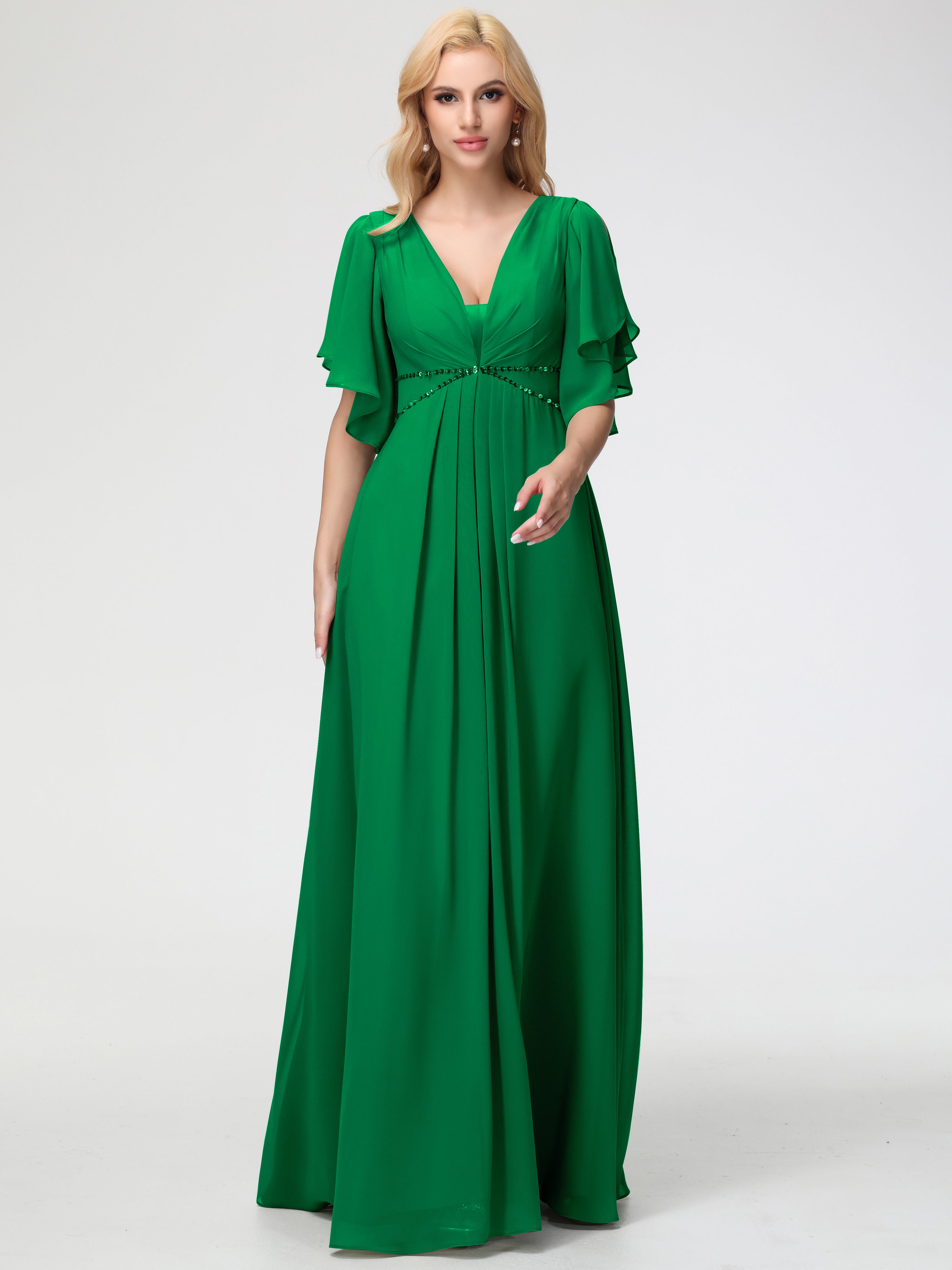 A-Line Sequins Sleeves Floor-Length Chiffon Bridesmaid Dresses