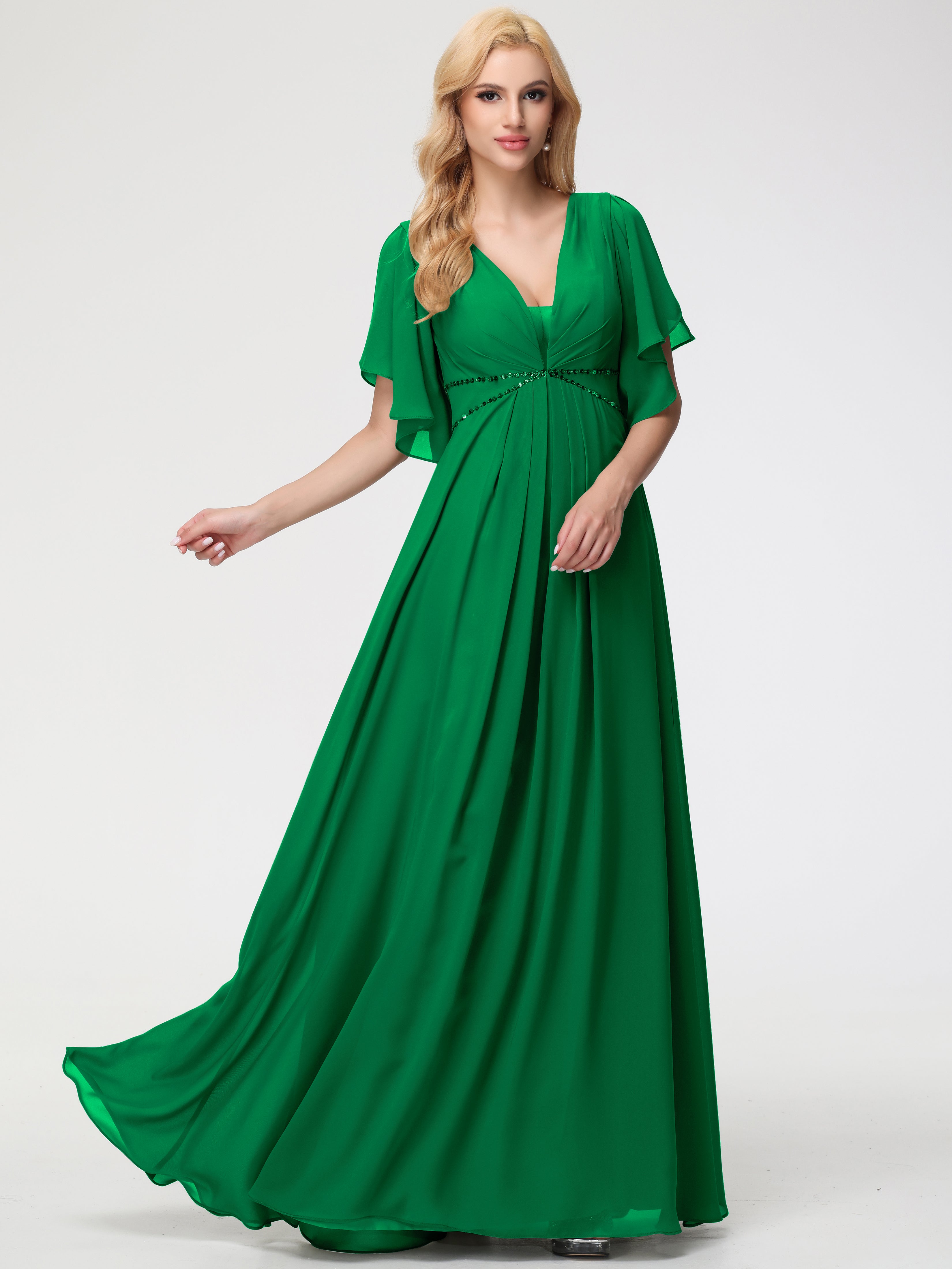 A-Line Sequins Sleeves Floor-Length Chiffon Bridesmaid Dresses