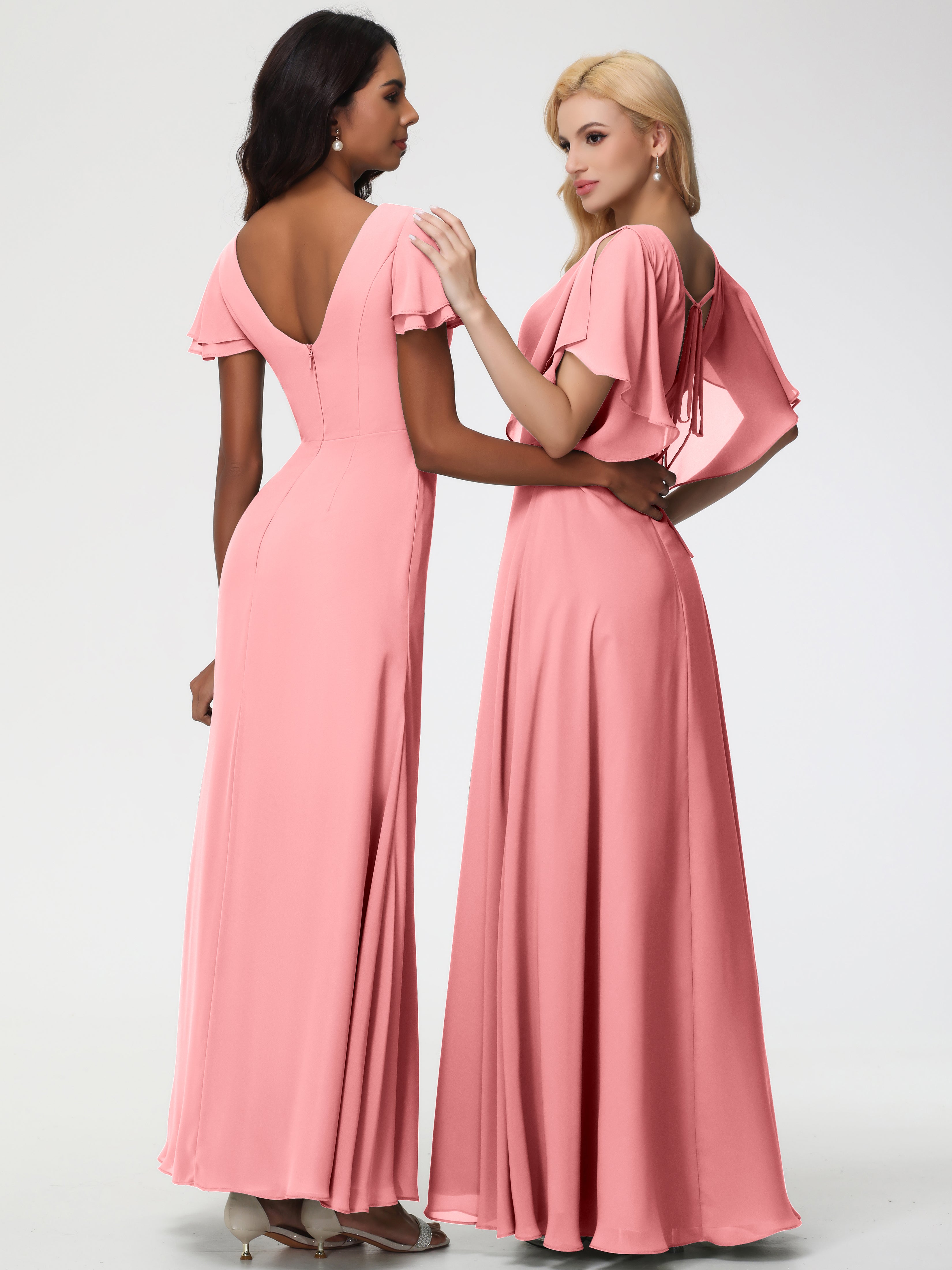 A-Line Sequins Sleeves Floor-Length Chiffon Bridesmaid Dresses
