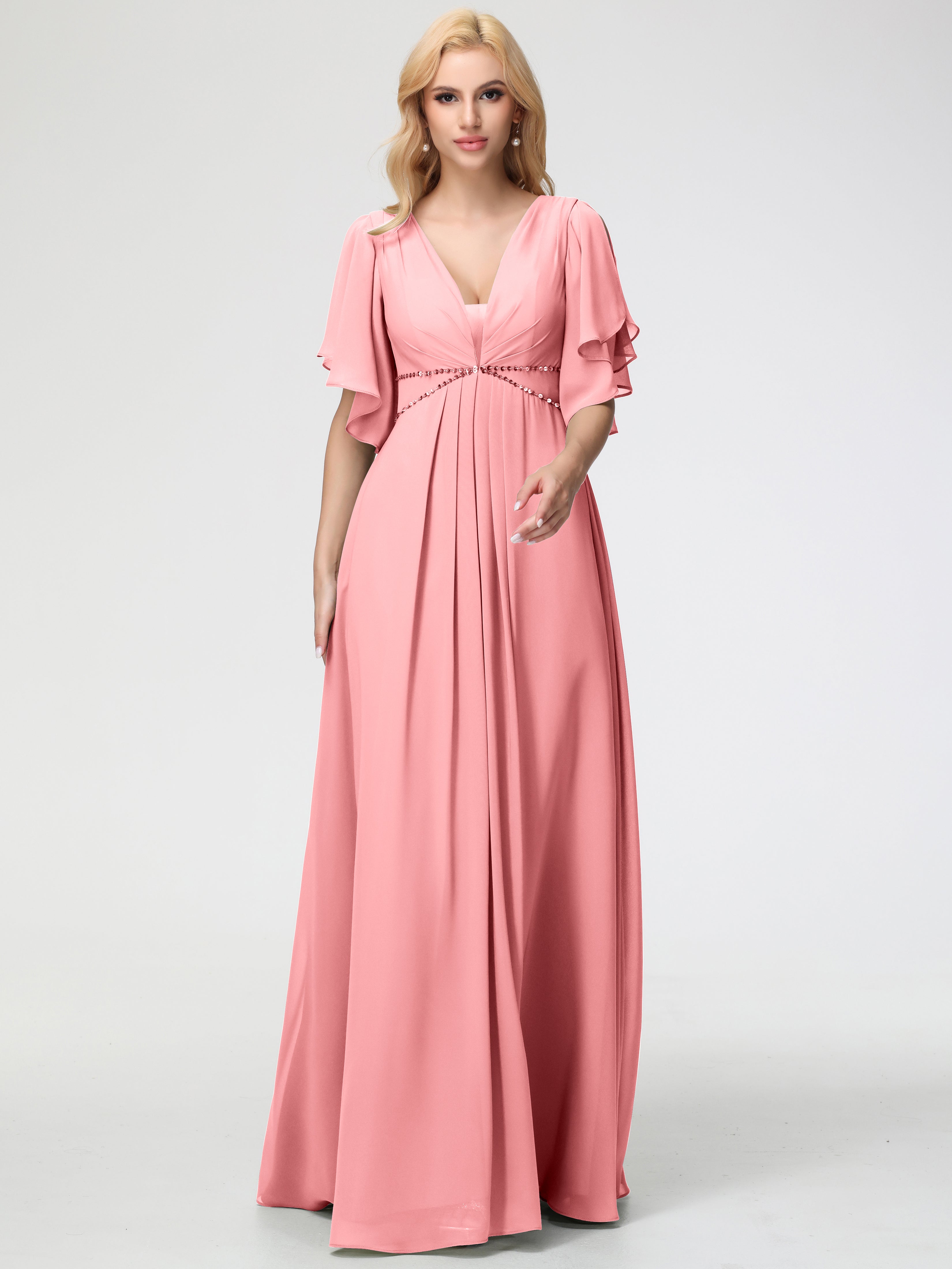 A-Line Sequins Sleeves Floor-Length Chiffon Bridesmaid Dresses