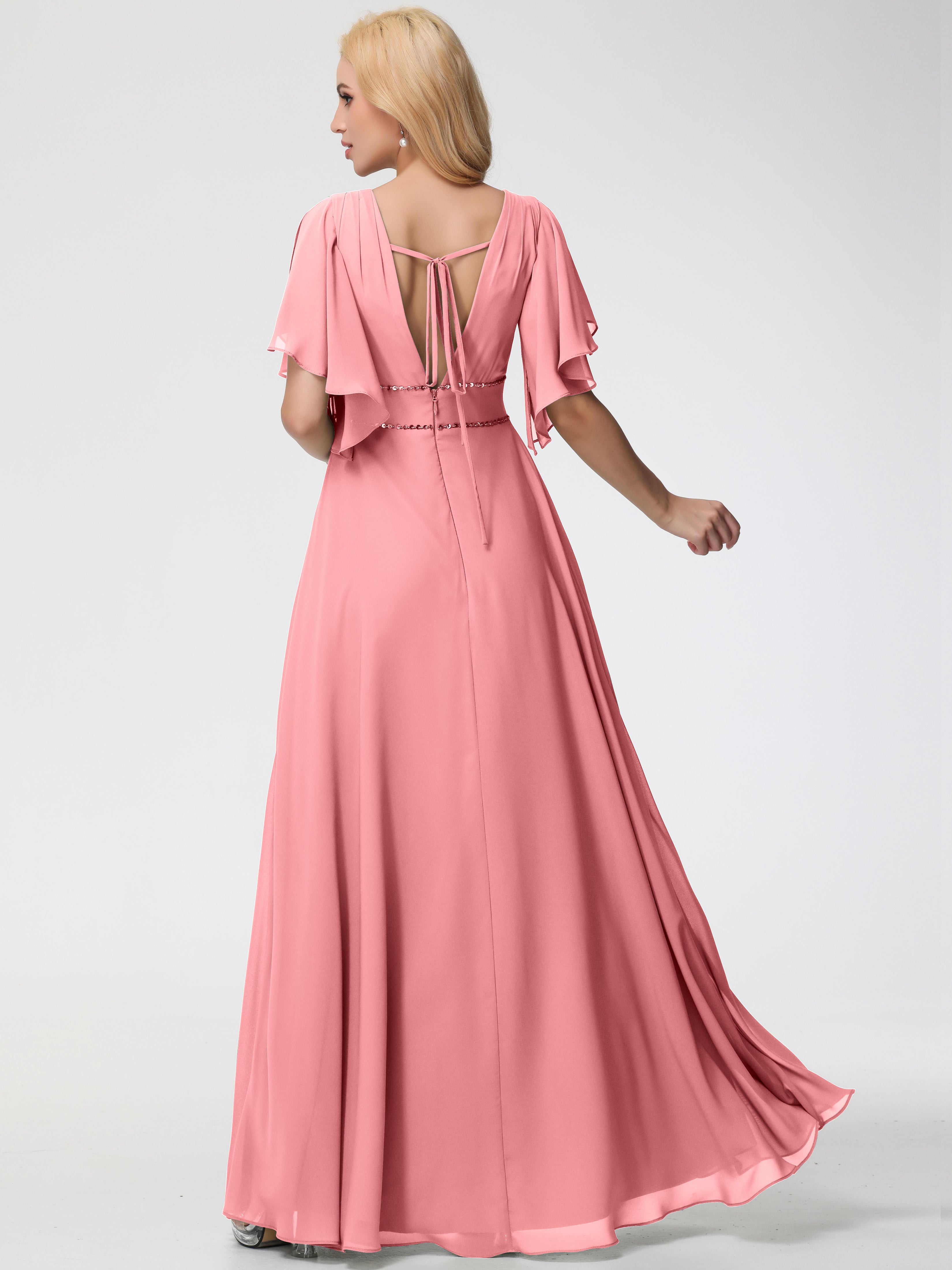 A-Line Sequins Sleeves Floor-Length Chiffon Bridesmaid Dresses