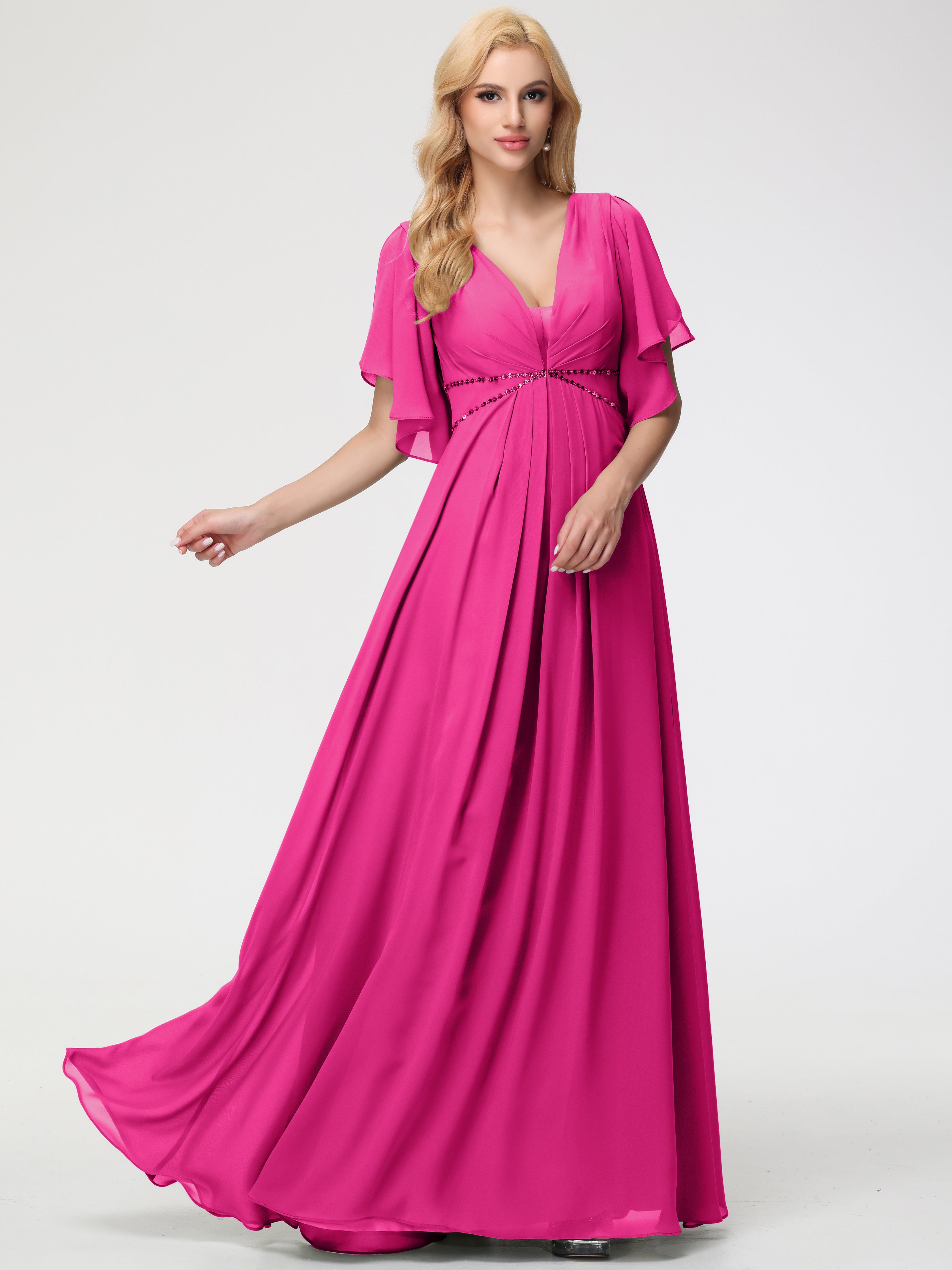 A-Line Sequins Sleeves Floor-Length Chiffon Bridesmaid Dresses