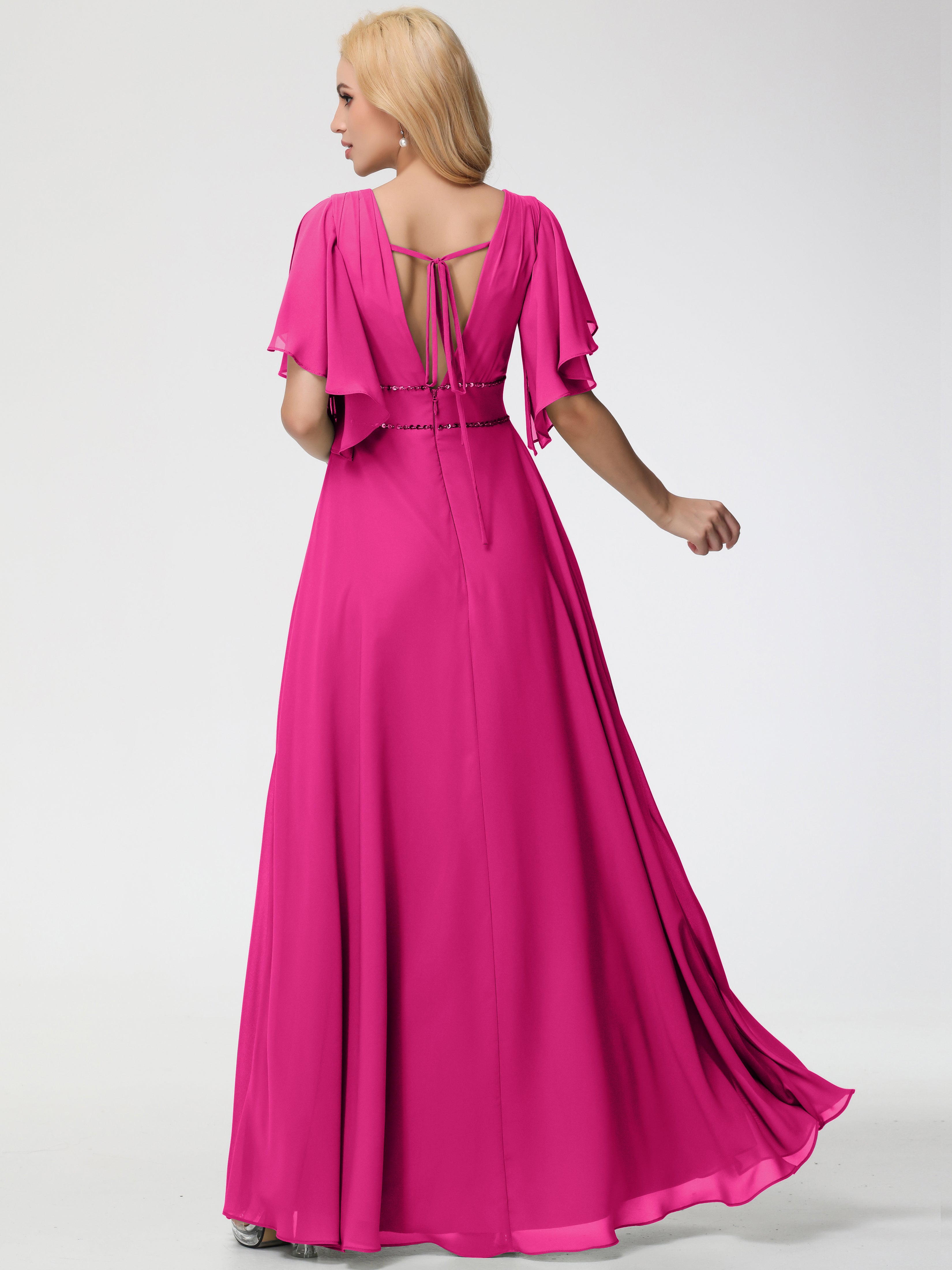 A-Line Sequins Sleeves Floor-Length Chiffon Bridesmaid Dresses