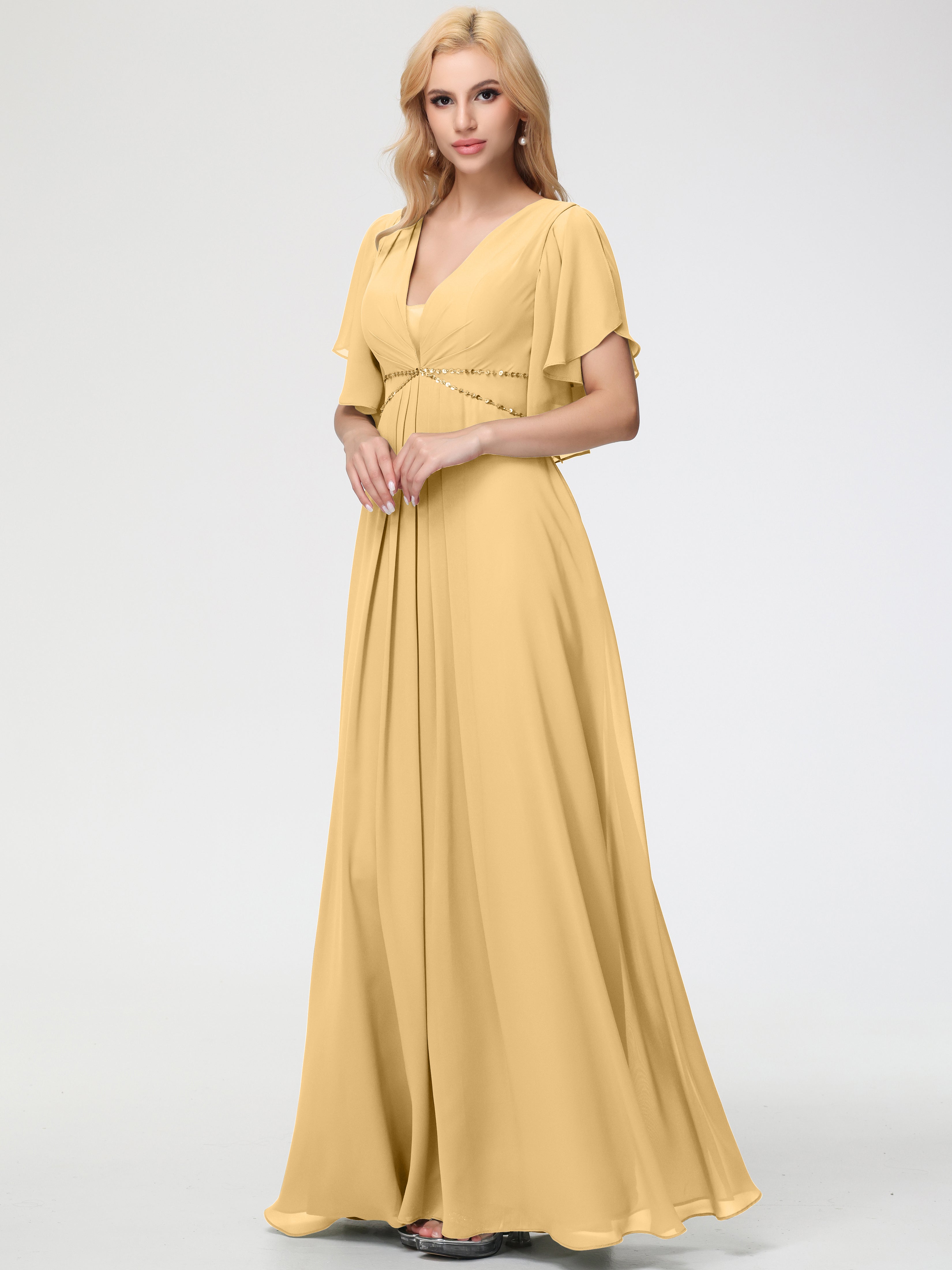 A-Line Sequins Sleeves Floor-Length Chiffon Bridesmaid Dresses