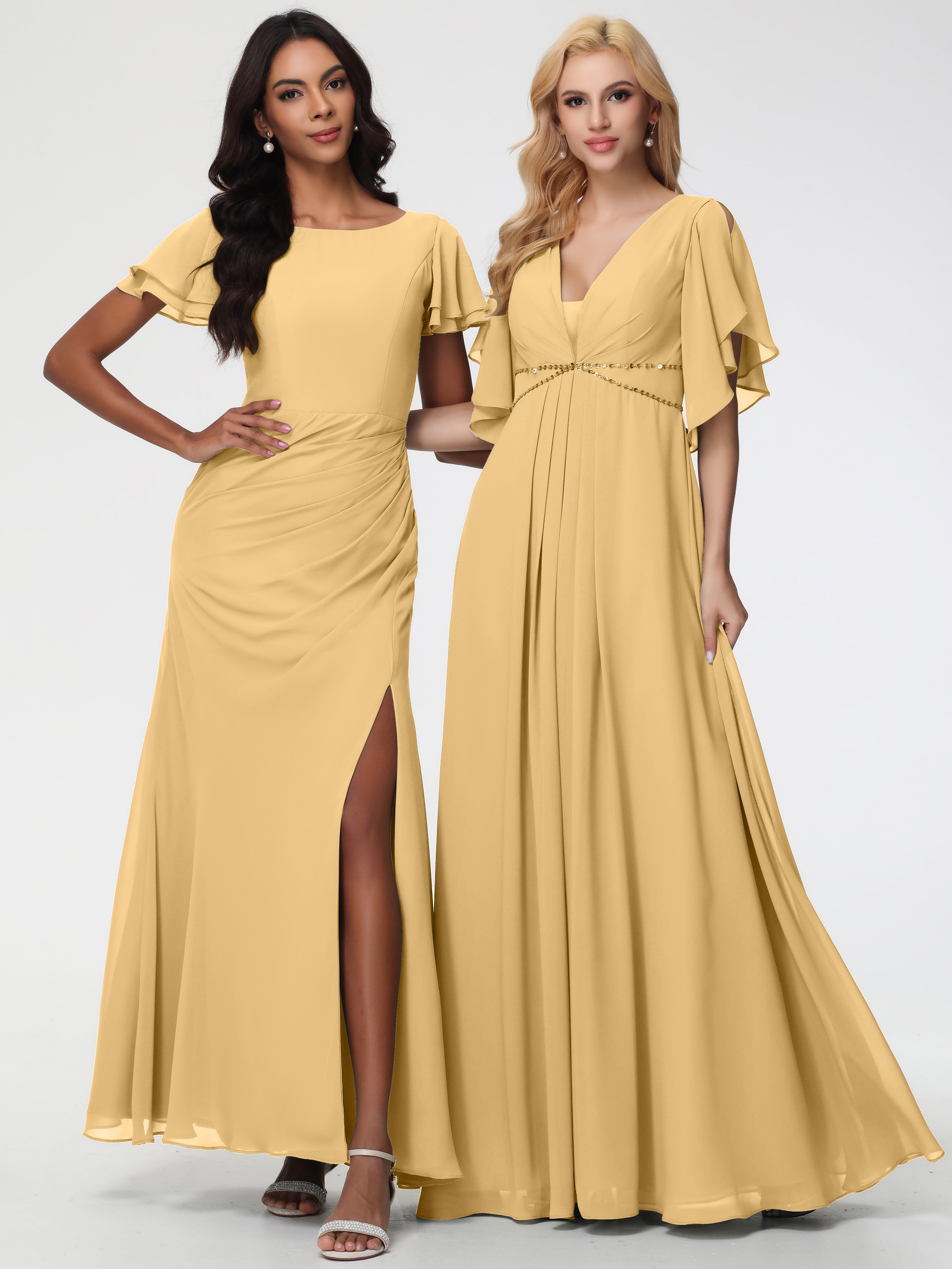 A-Line Sequins Sleeves Floor-Length Chiffon Bridesmaid Dresses
