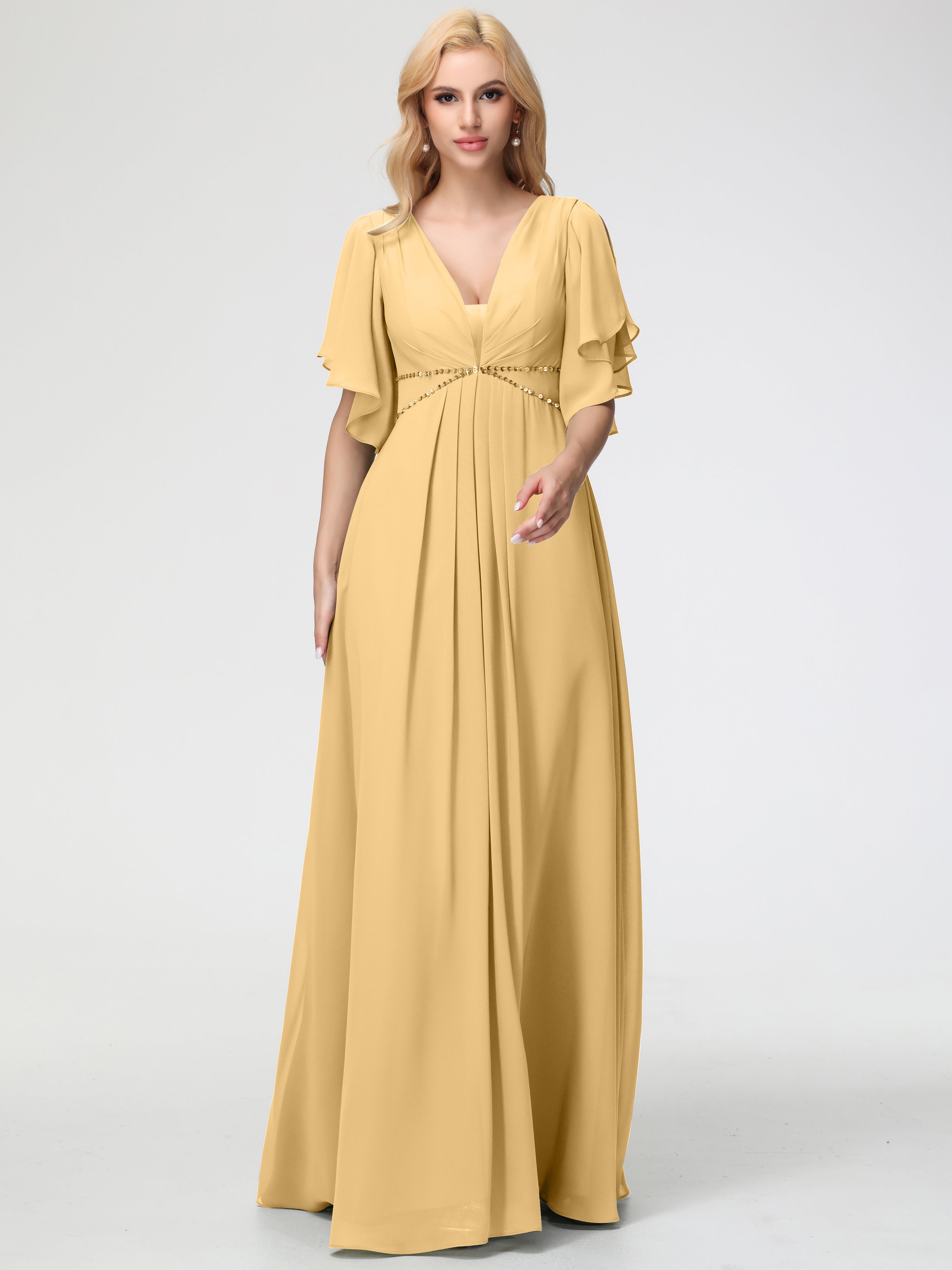A-Line Sequins Sleeves Floor-Length Chiffon Bridesmaid Dresses