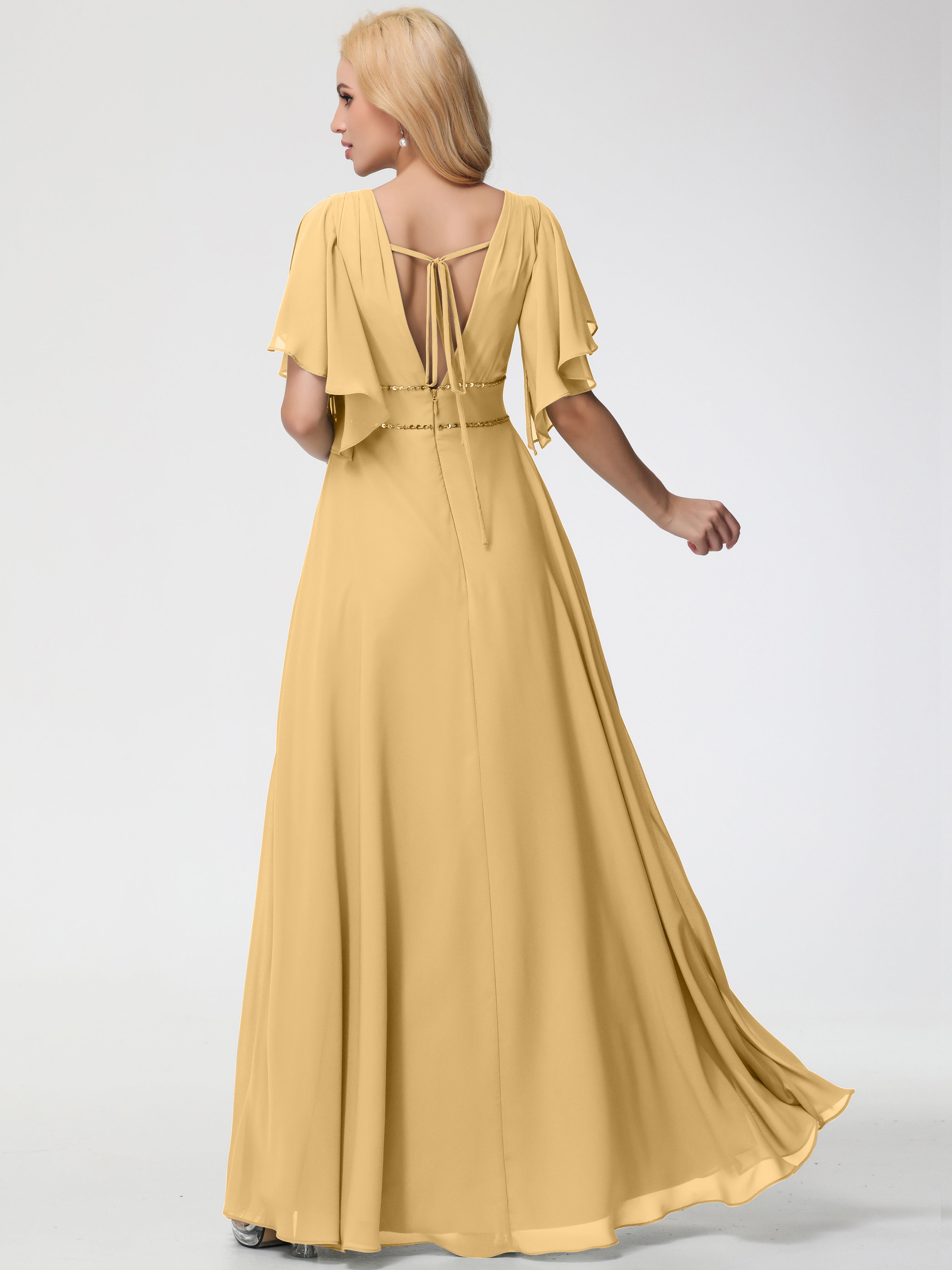 A-Line Sequins Sleeves Floor-Length Chiffon Bridesmaid Dresses