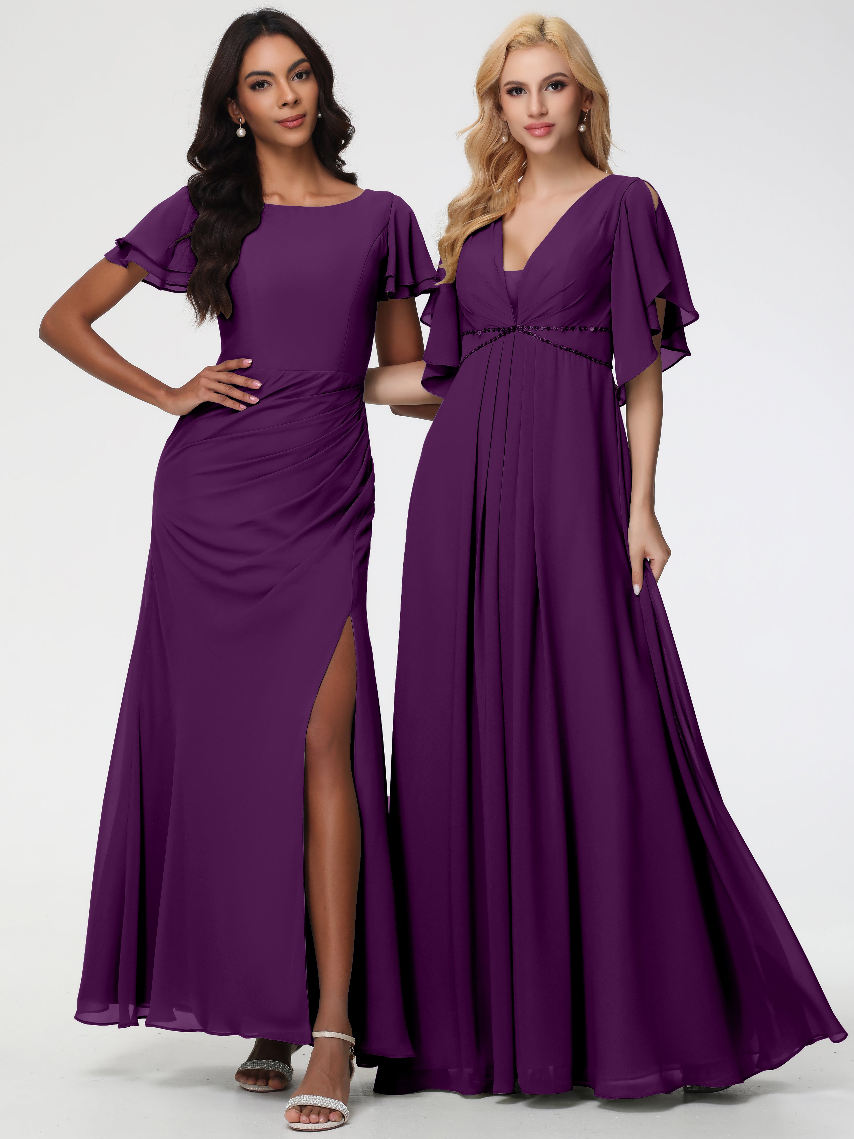A-Line Sequins Sleeves Floor-Length Chiffon Bridesmaid Dresses