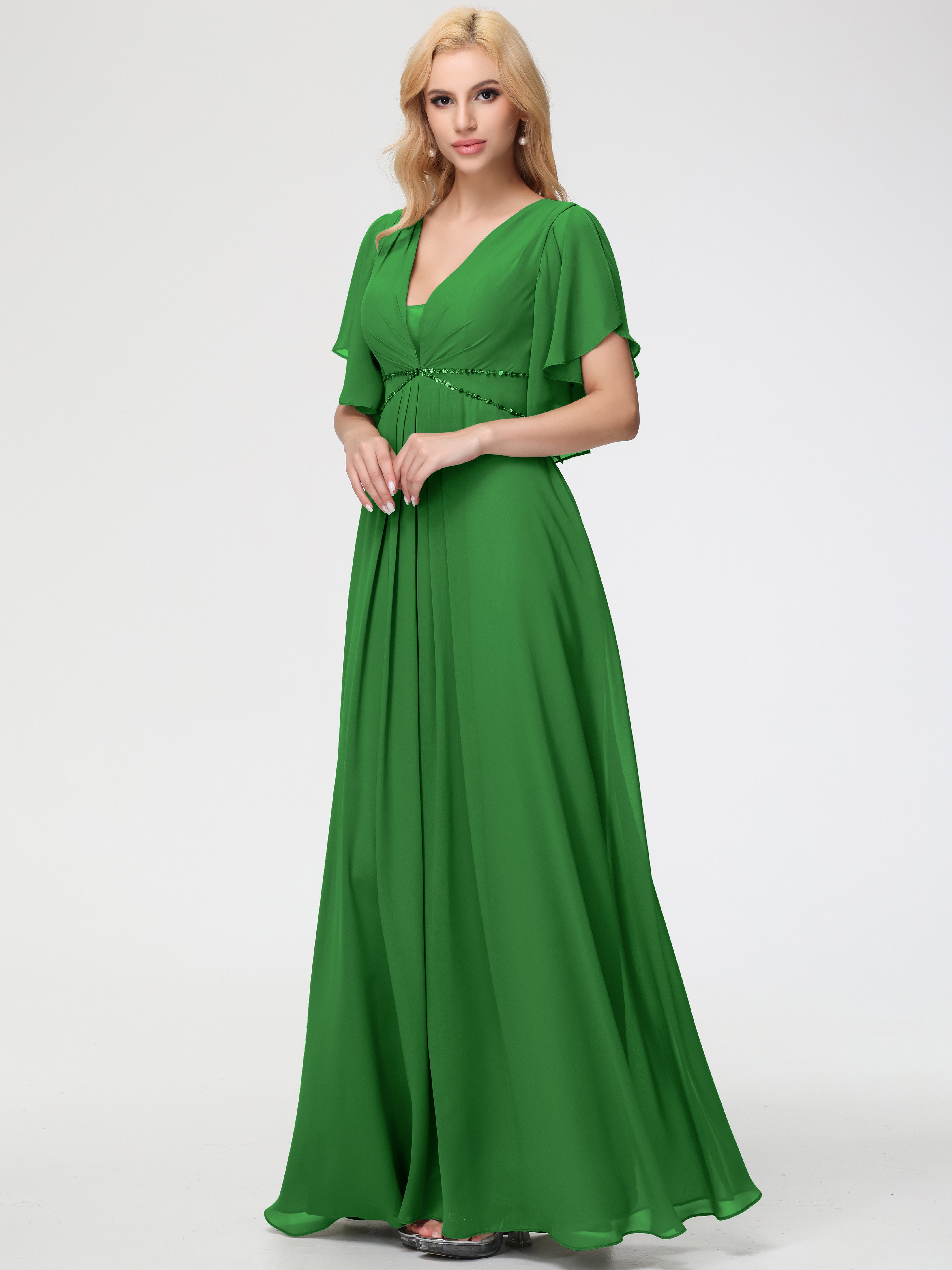 A-Line Sequins Sleeves Floor-Length Chiffon Bridesmaid Dresses