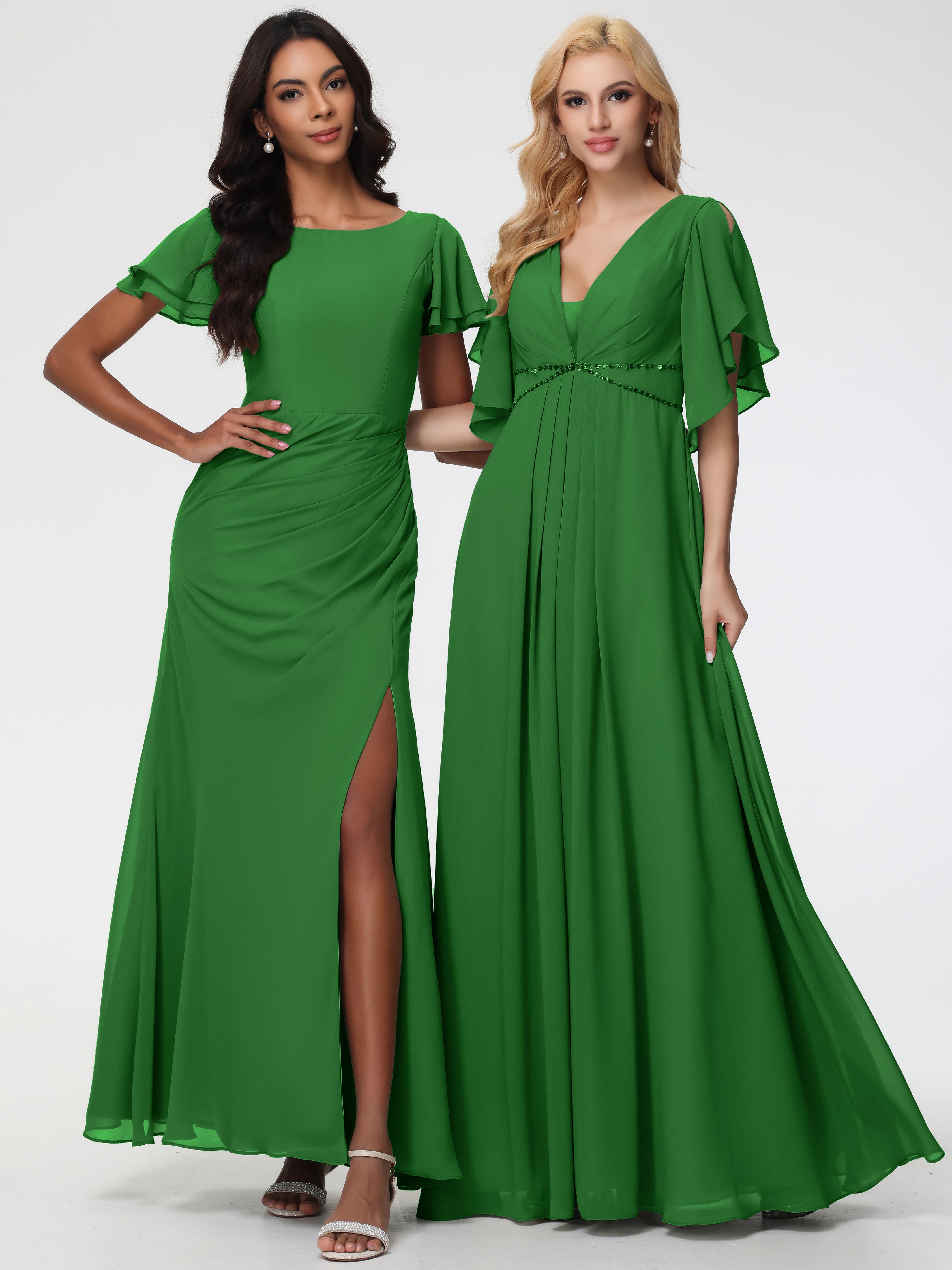 A-Line Sequins Sleeves Floor-Length Chiffon Bridesmaid Dresses