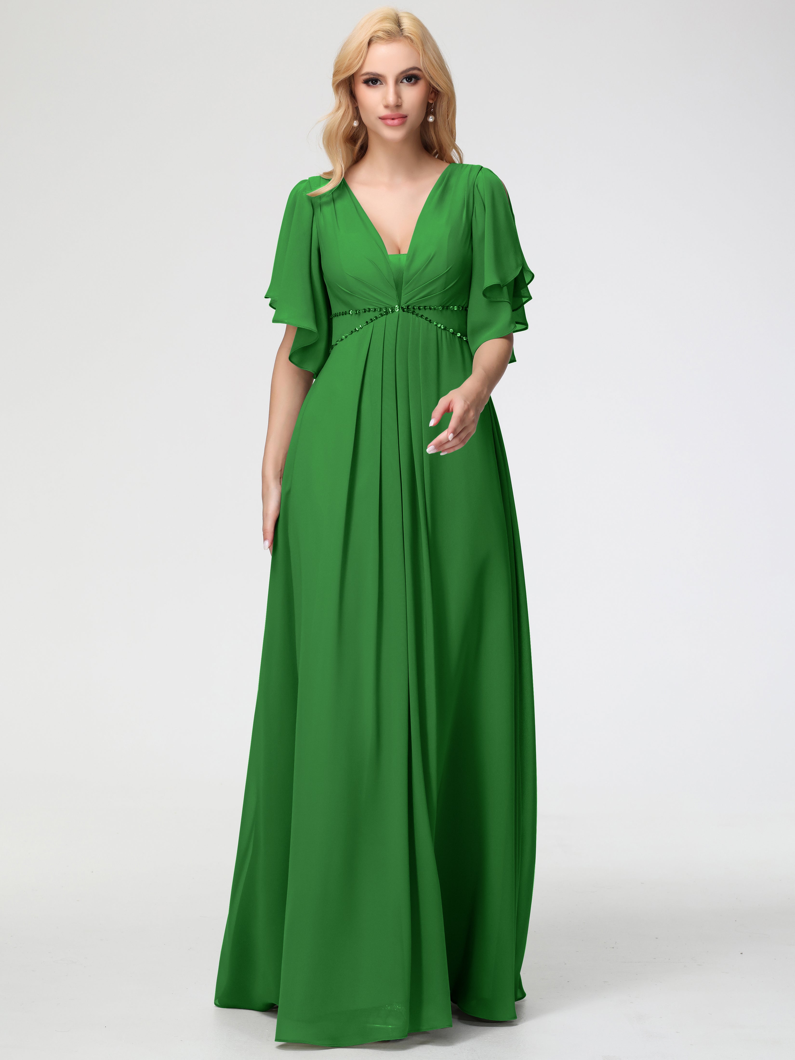 A-Line Sequins Sleeves Floor-Length Chiffon Bridesmaid Dresses
