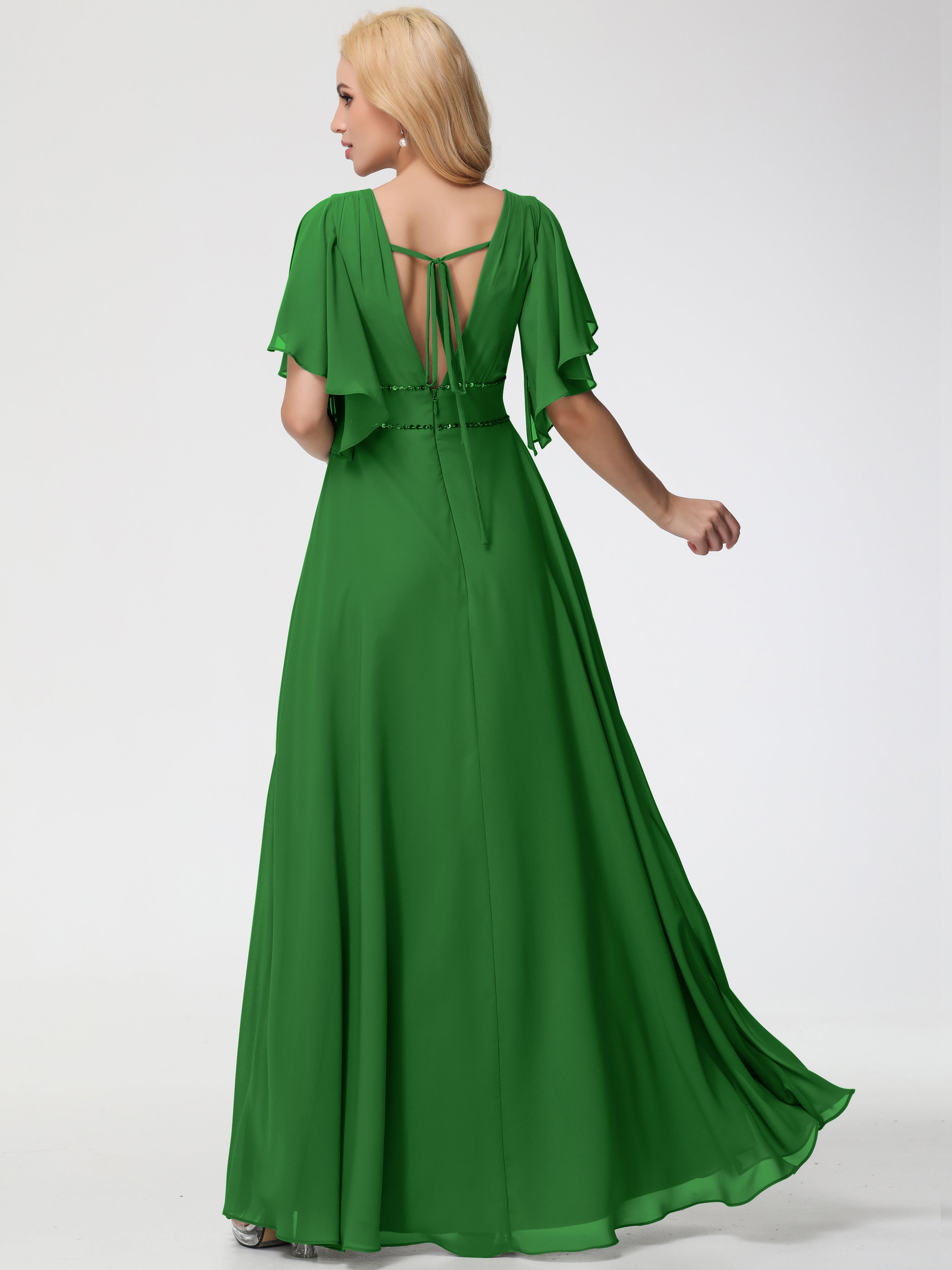 A-Line Sequins Sleeves Floor-Length Chiffon Bridesmaid Dresses
