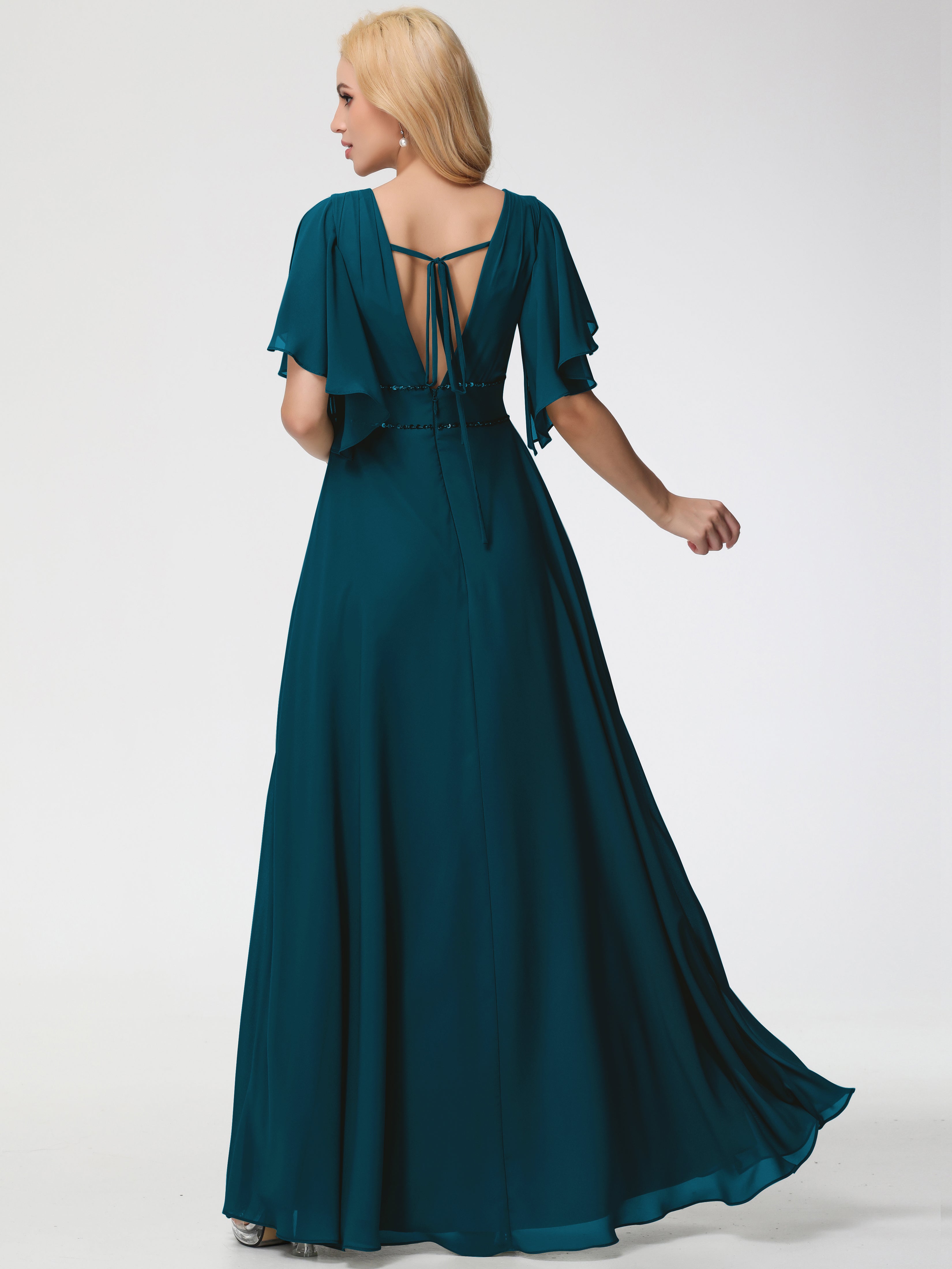 A-Line Sequins Sleeves Floor-Length Chiffon Bridesmaid Dresses