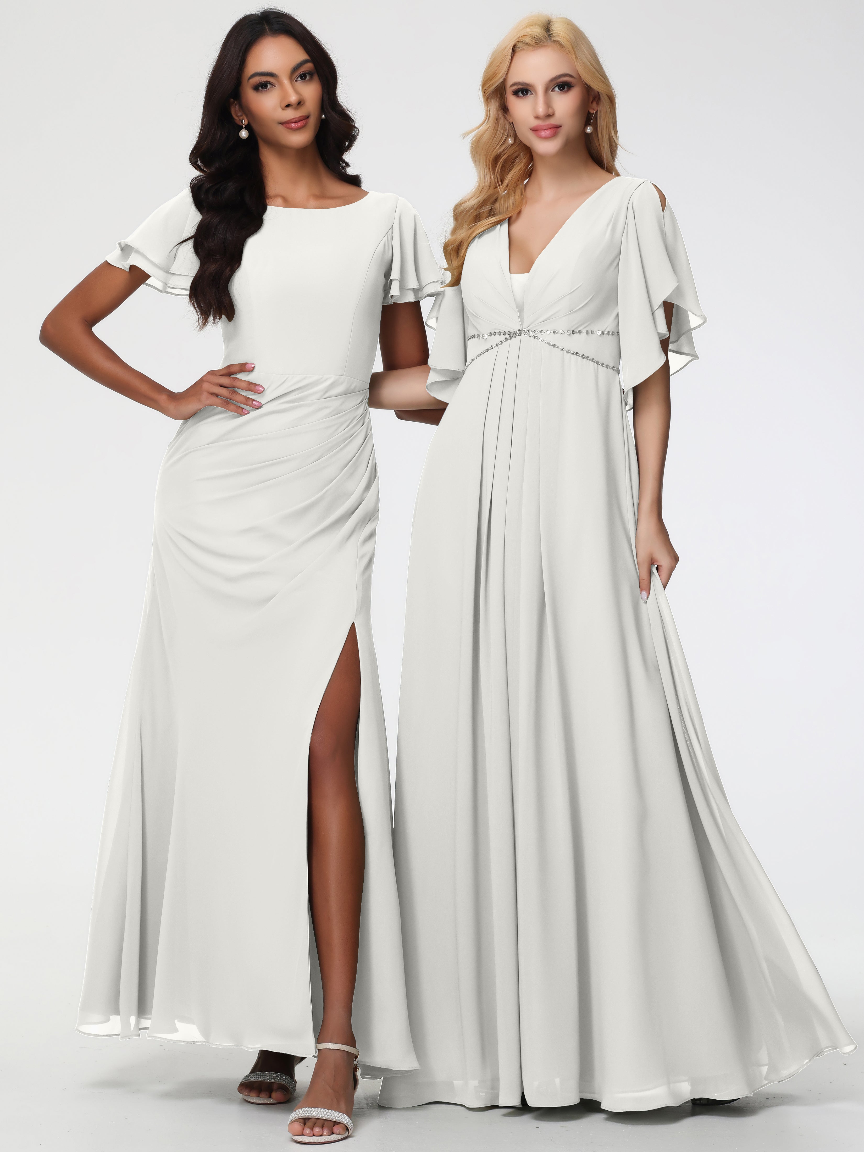 A-Line Sequins Sleeves Floor-Length Chiffon Bridesmaid Dresses