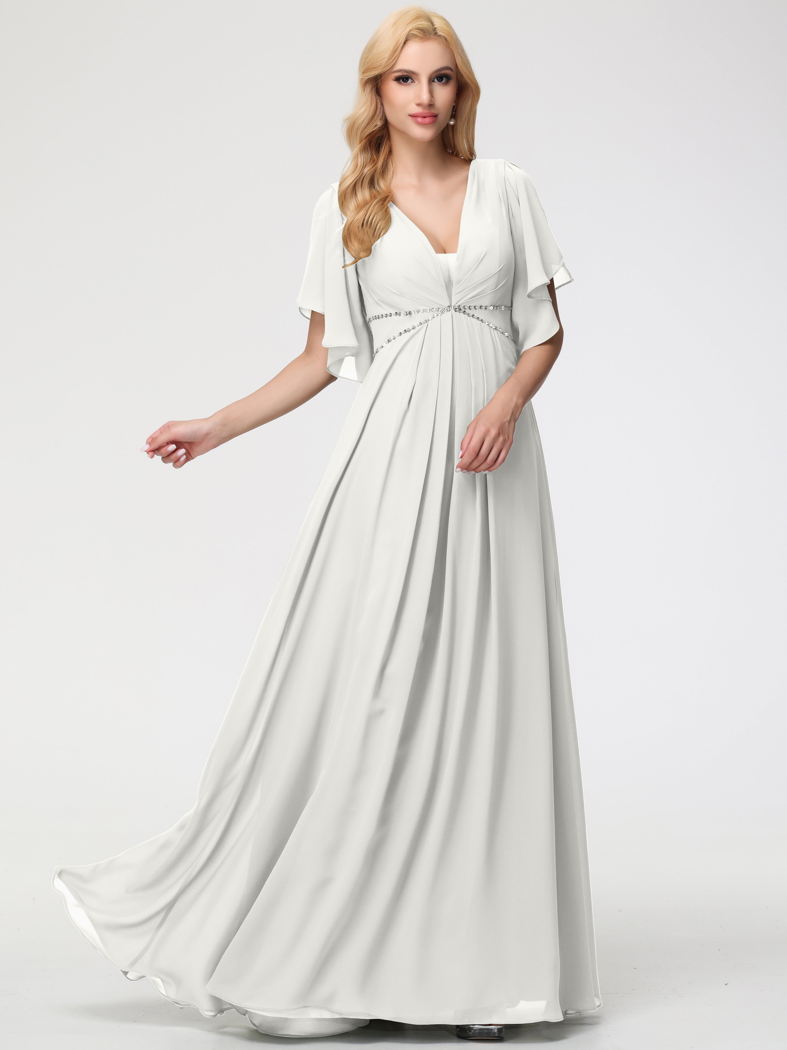 A-Line Sequins Sleeves Floor-Length Chiffon Bridesmaid Dresses