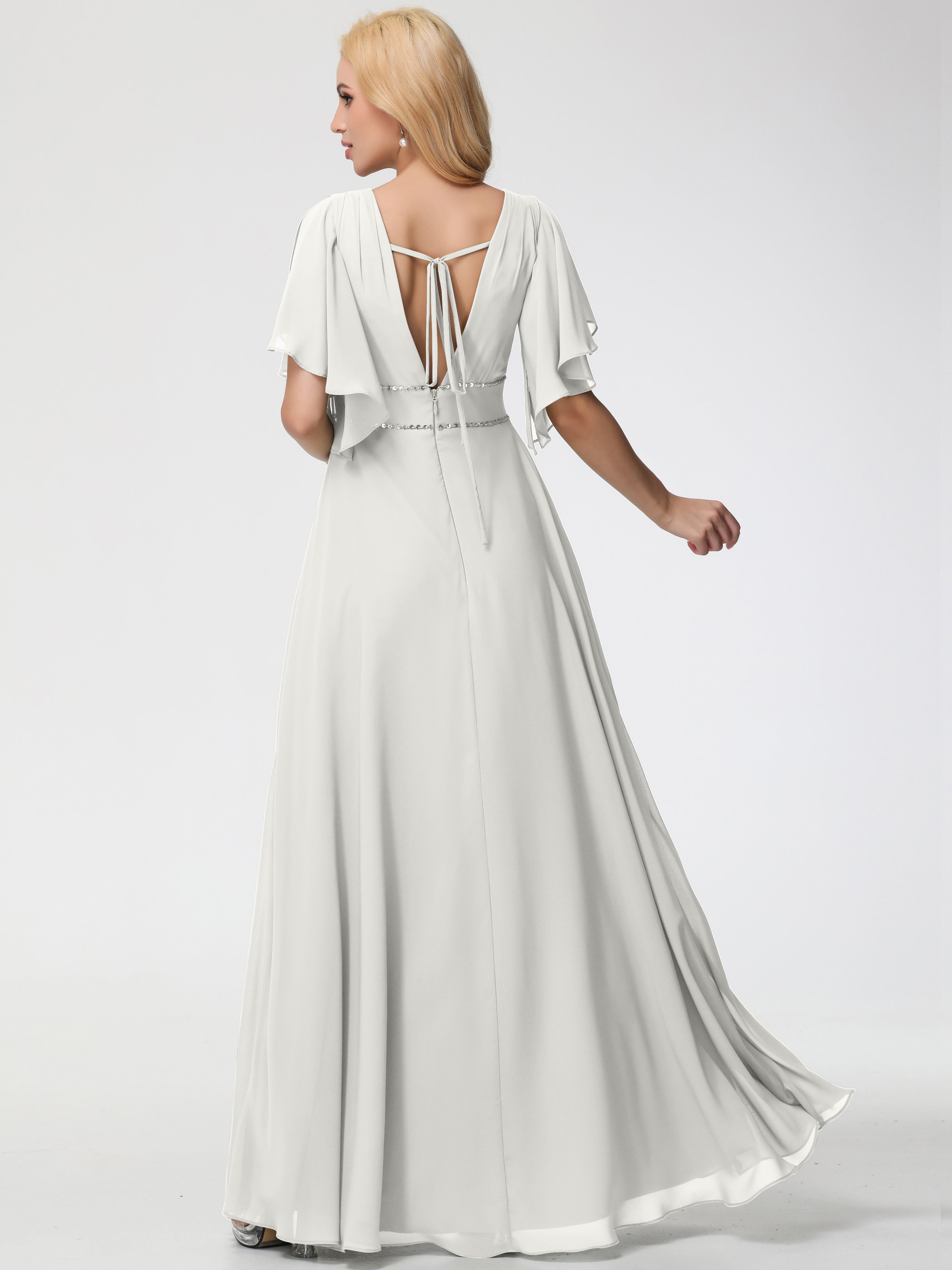 A-Line Sequins Sleeves Floor-Length Chiffon Bridesmaid Dresses