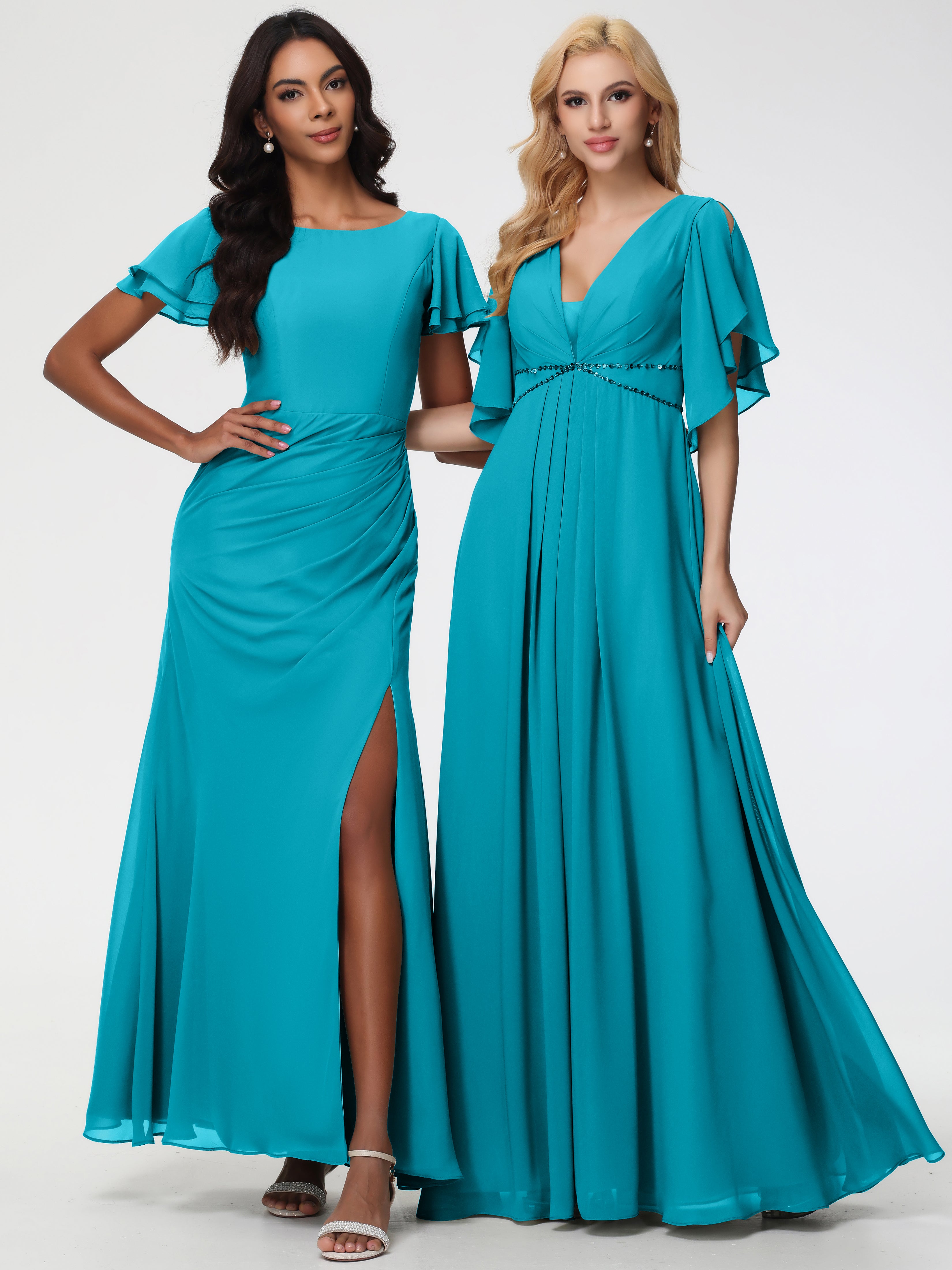 A-Line Sequins Sleeves Floor-Length Chiffon Bridesmaid Dresses