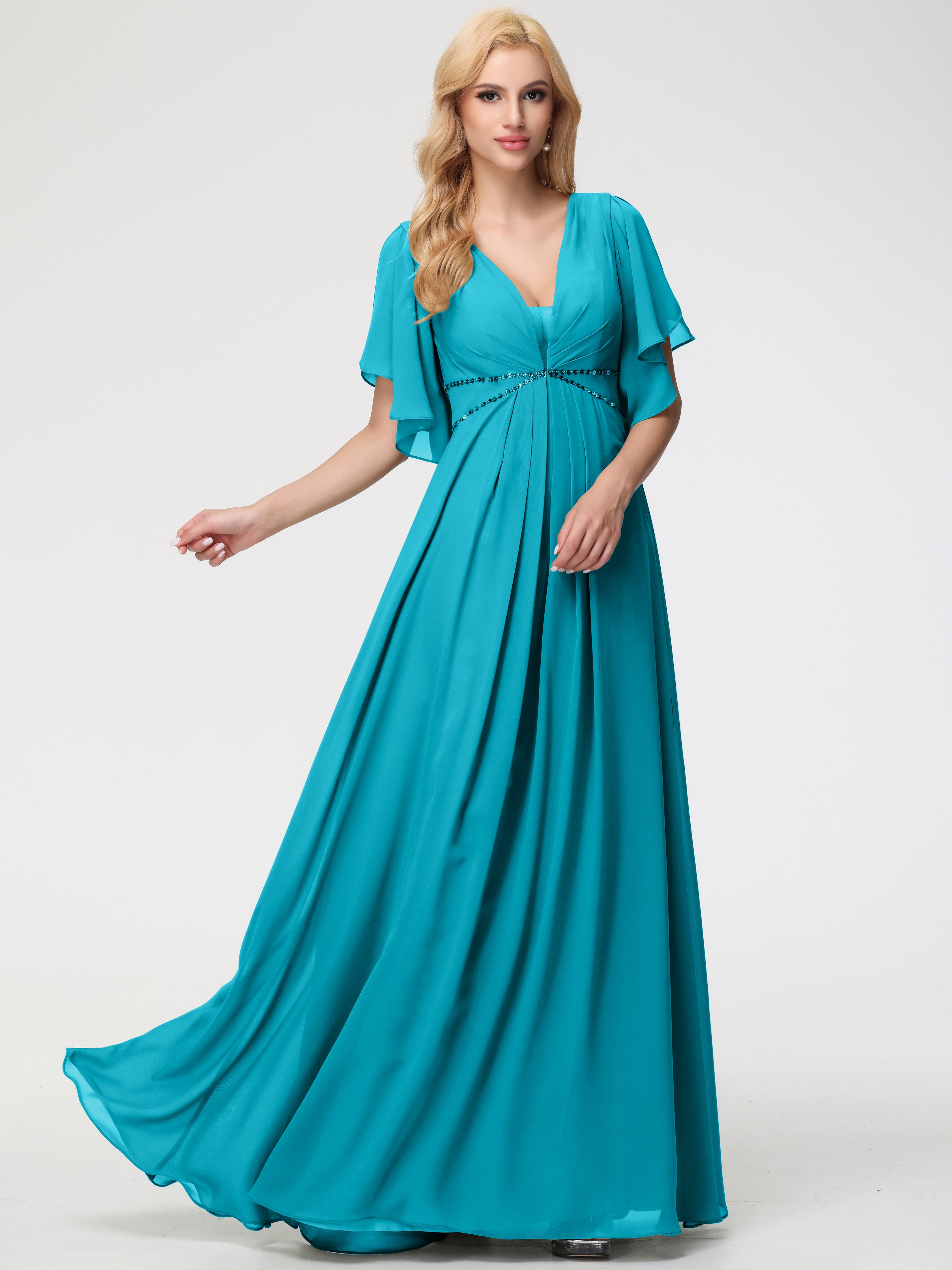 A-Line Sequins Sleeves Floor-Length Chiffon Bridesmaid Dresses