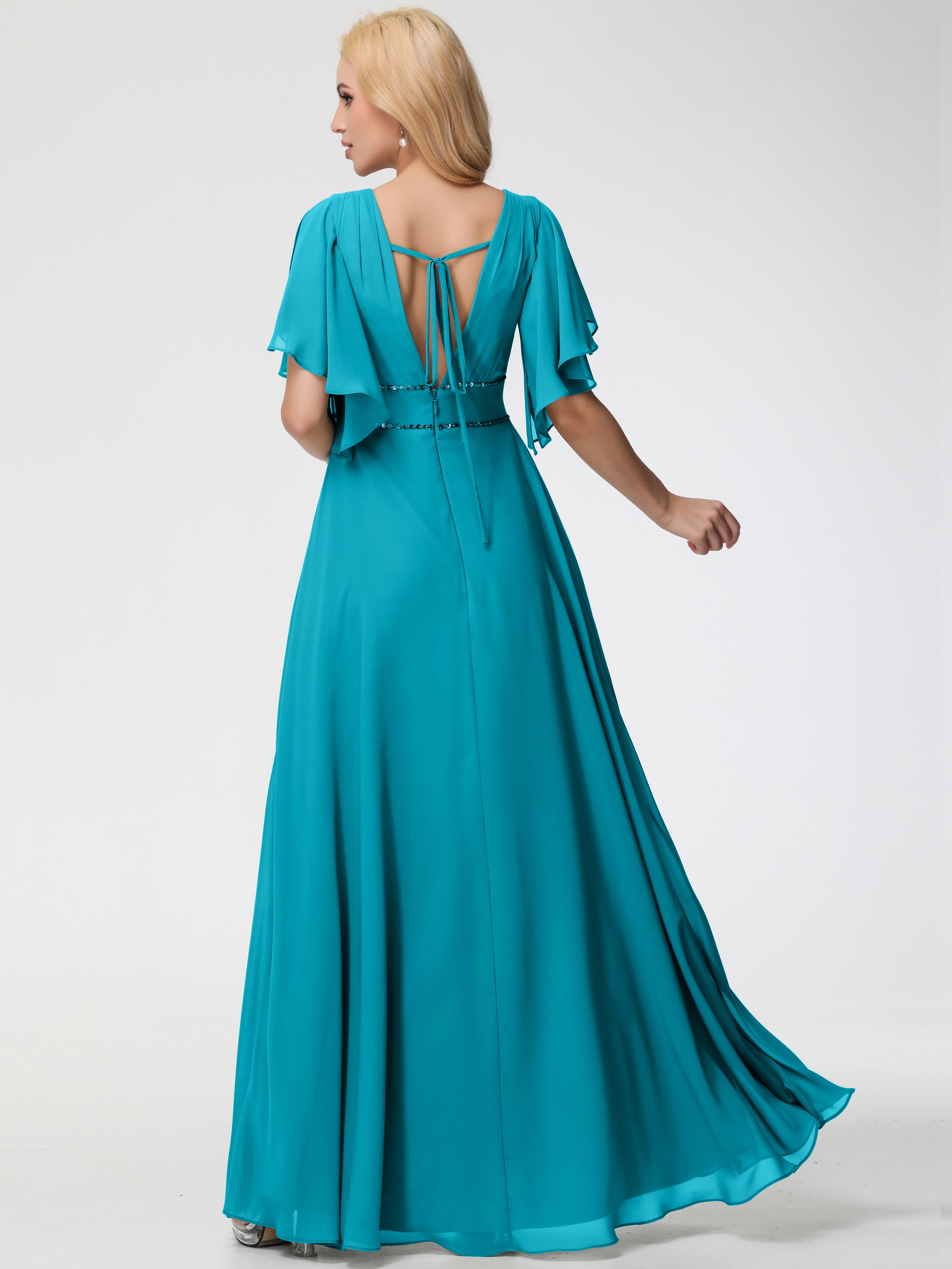 A-Line Sequins Sleeves Floor-Length Chiffon Bridesmaid Dresses