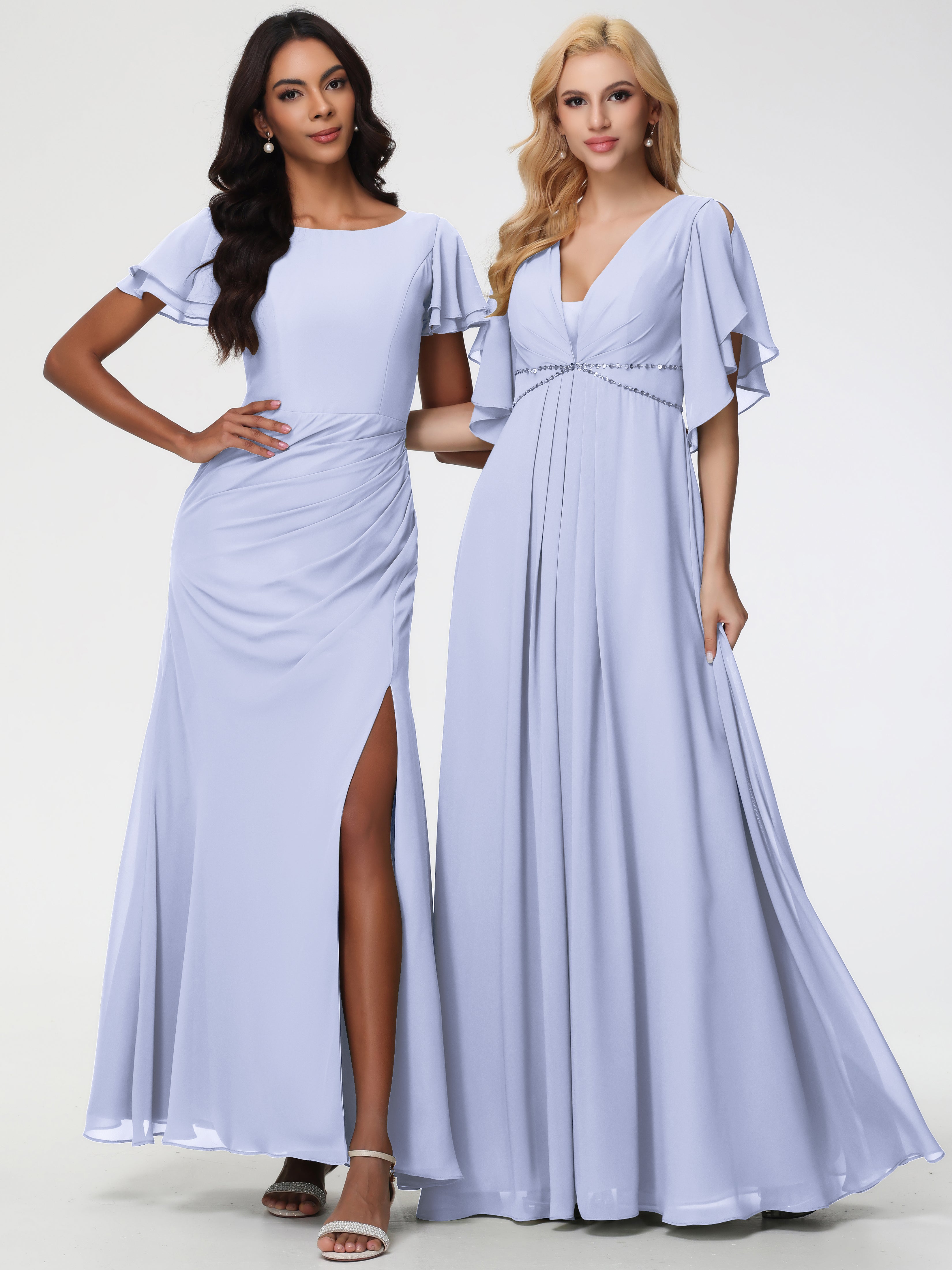 A-Line Sequins Sleeves Floor-Length Chiffon Bridesmaid Dresses