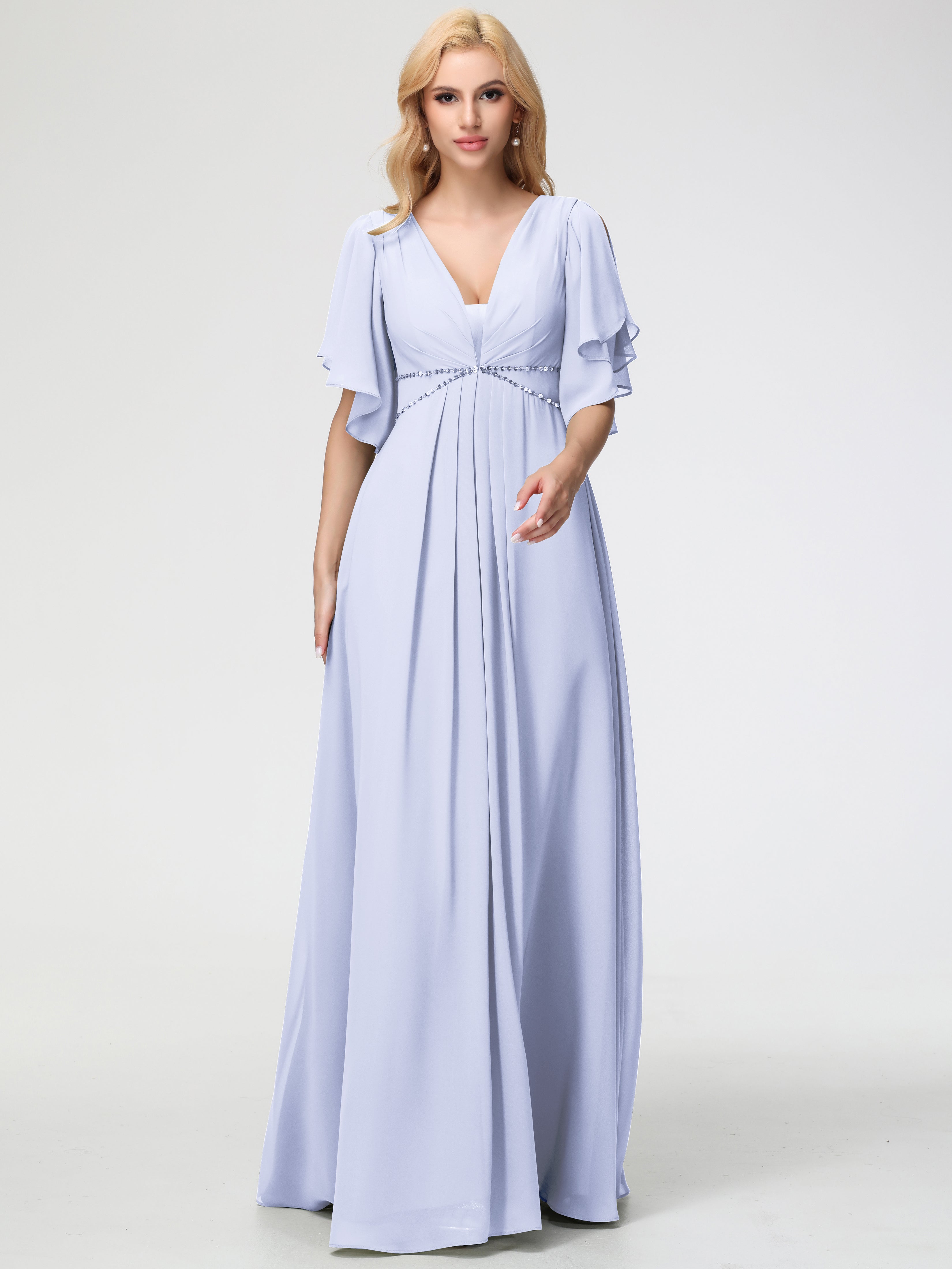 A-Line Sequins Sleeves Floor-Length Chiffon Bridesmaid Dresses