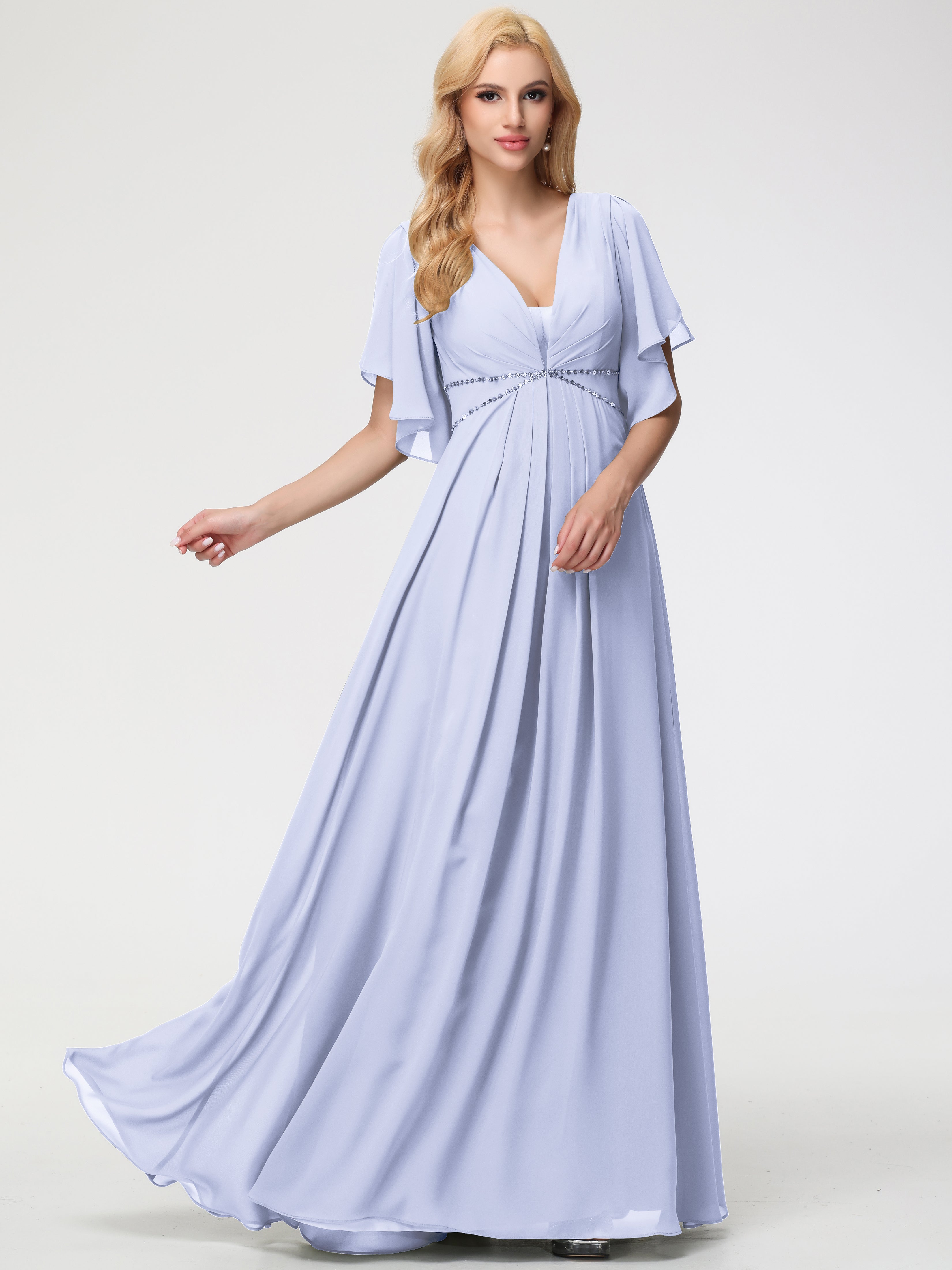 A-Line Sequins Sleeves Floor-Length Chiffon Bridesmaid Dresses