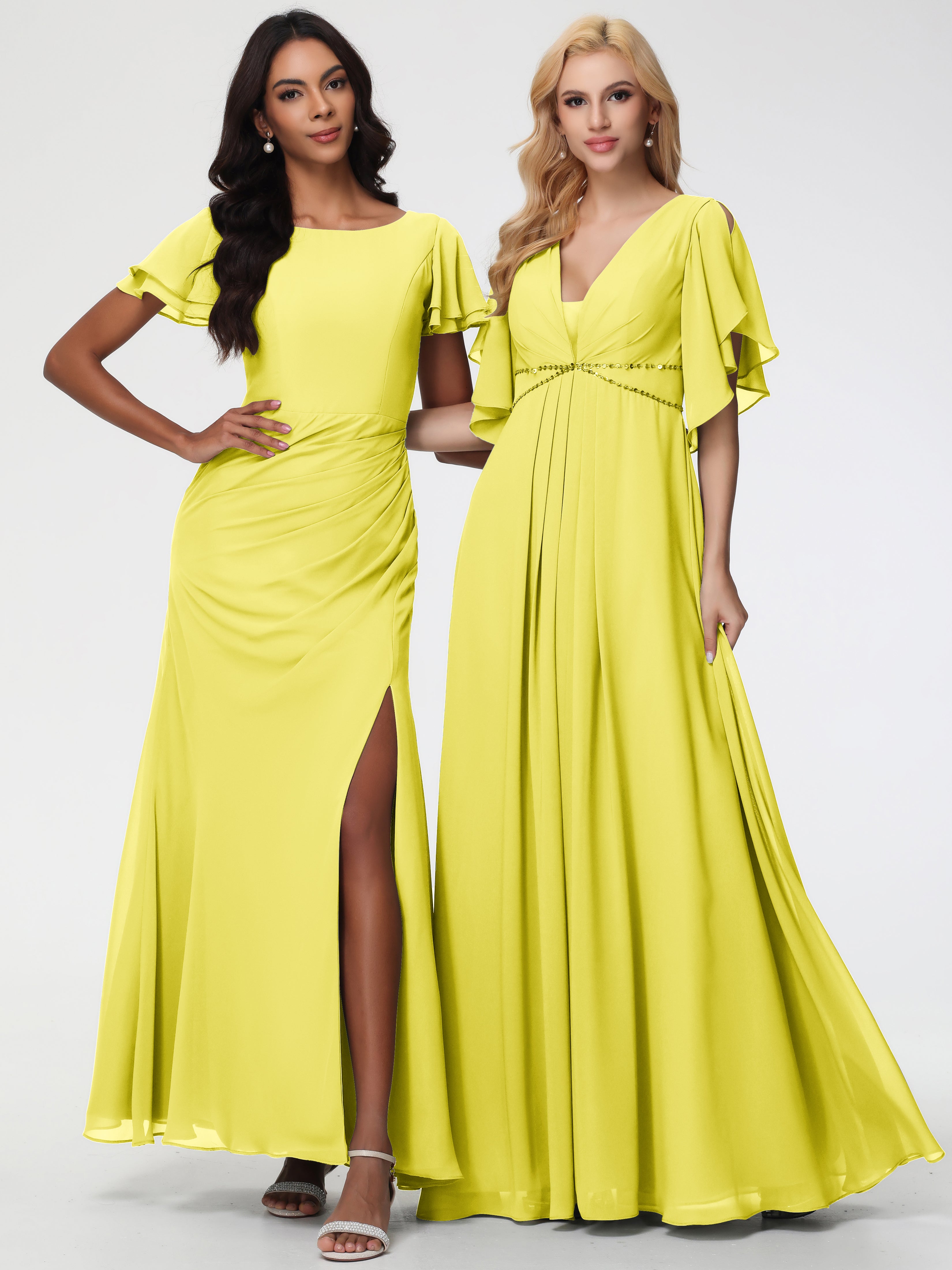 A-Line Sequins Sleeves Floor-Length Chiffon Bridesmaid Dresses