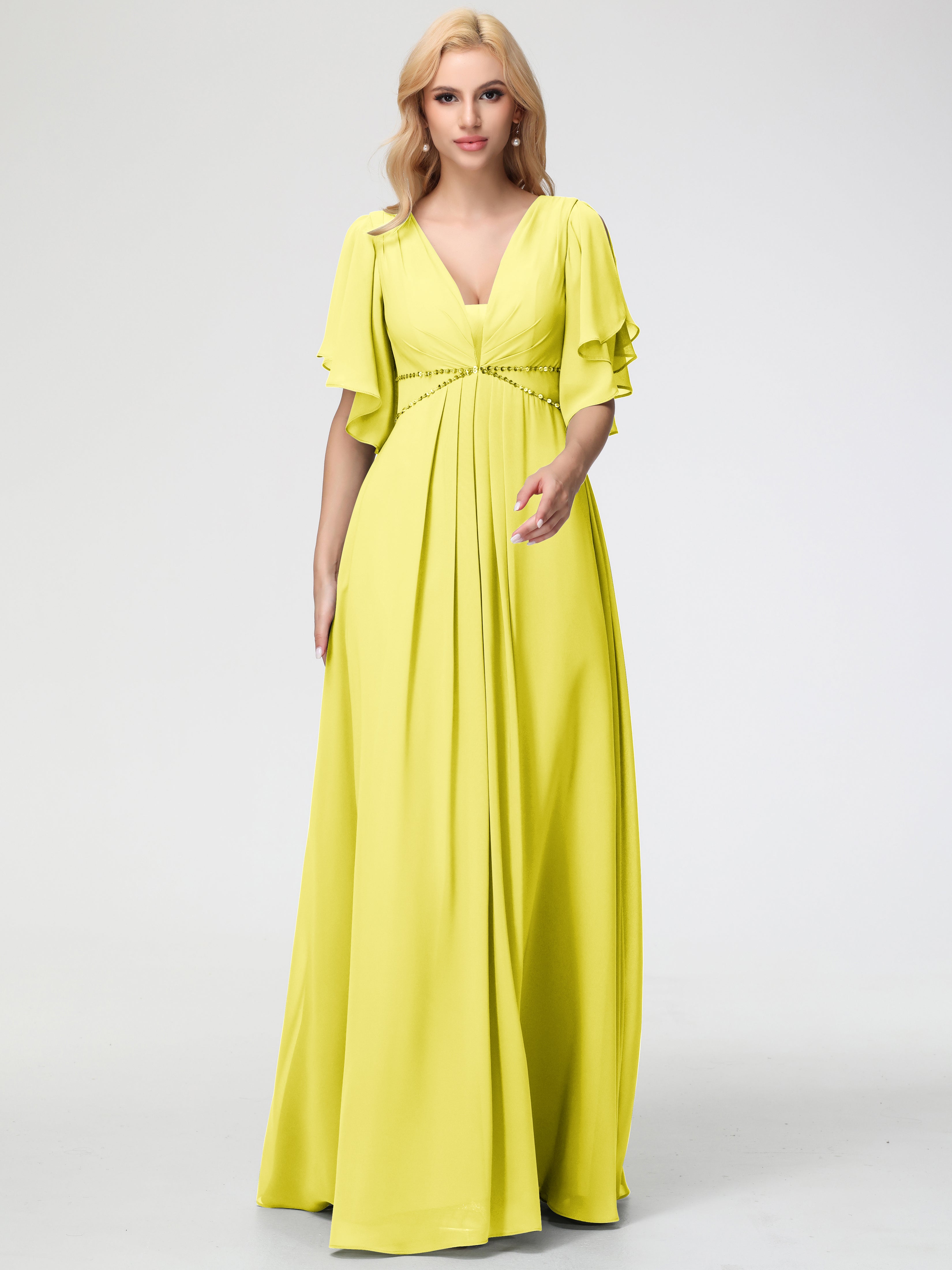 A-Line Sequins Sleeves Floor-Length Chiffon Bridesmaid Dresses