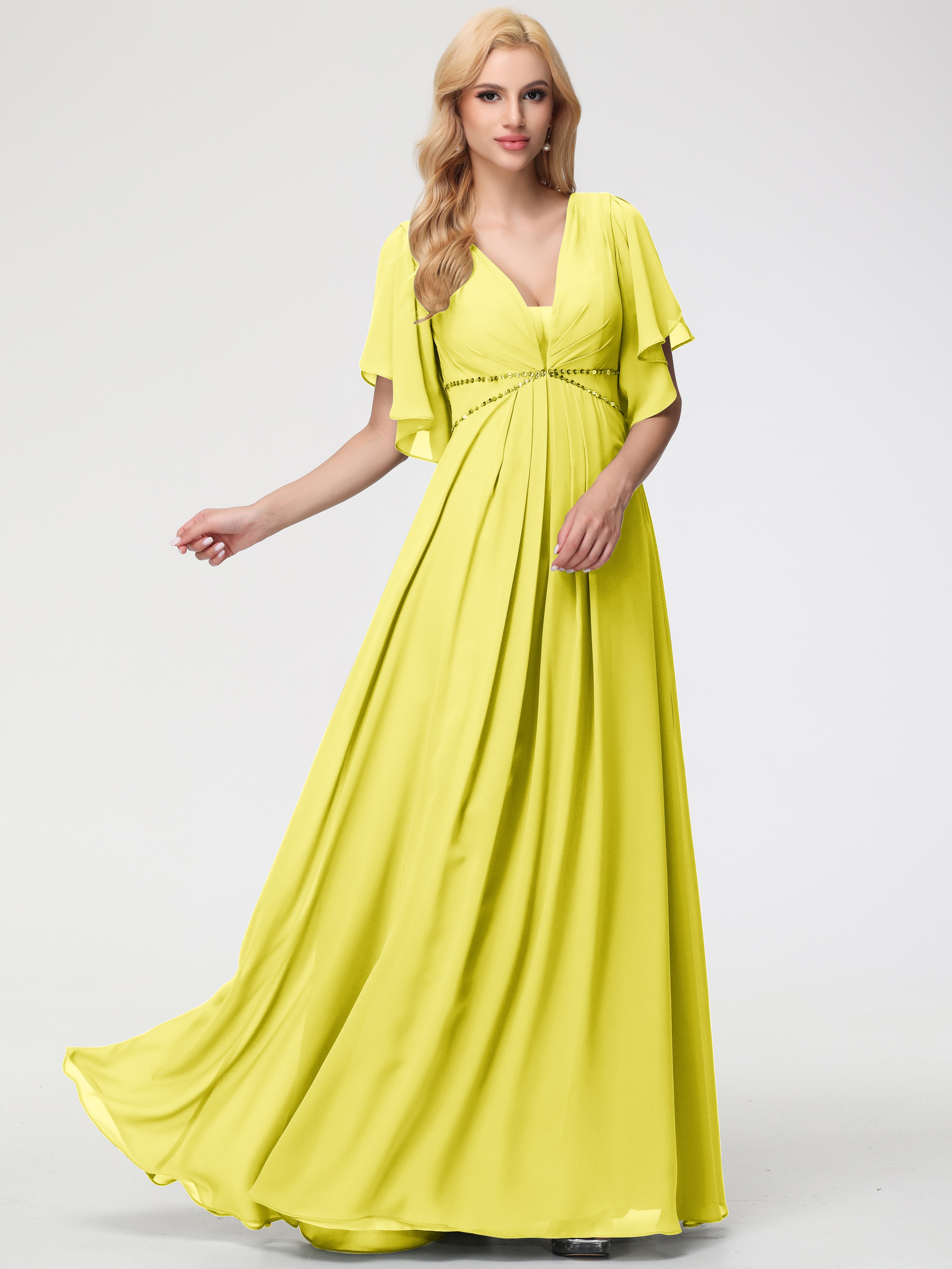 A-Line Sequins Sleeves Floor-Length Chiffon Bridesmaid Dresses