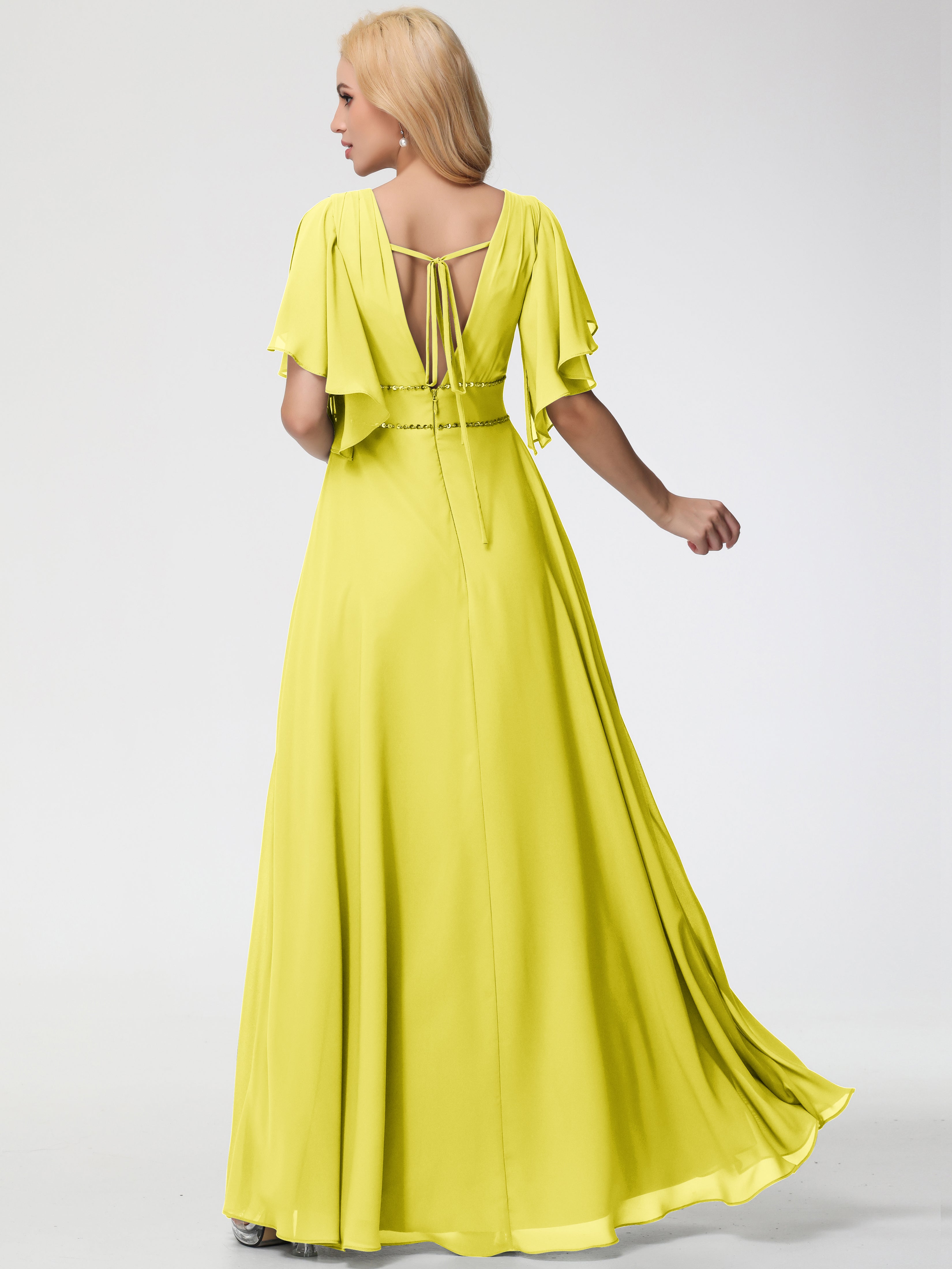 A-Line Sequins Sleeves Floor-Length Chiffon Bridesmaid Dresses