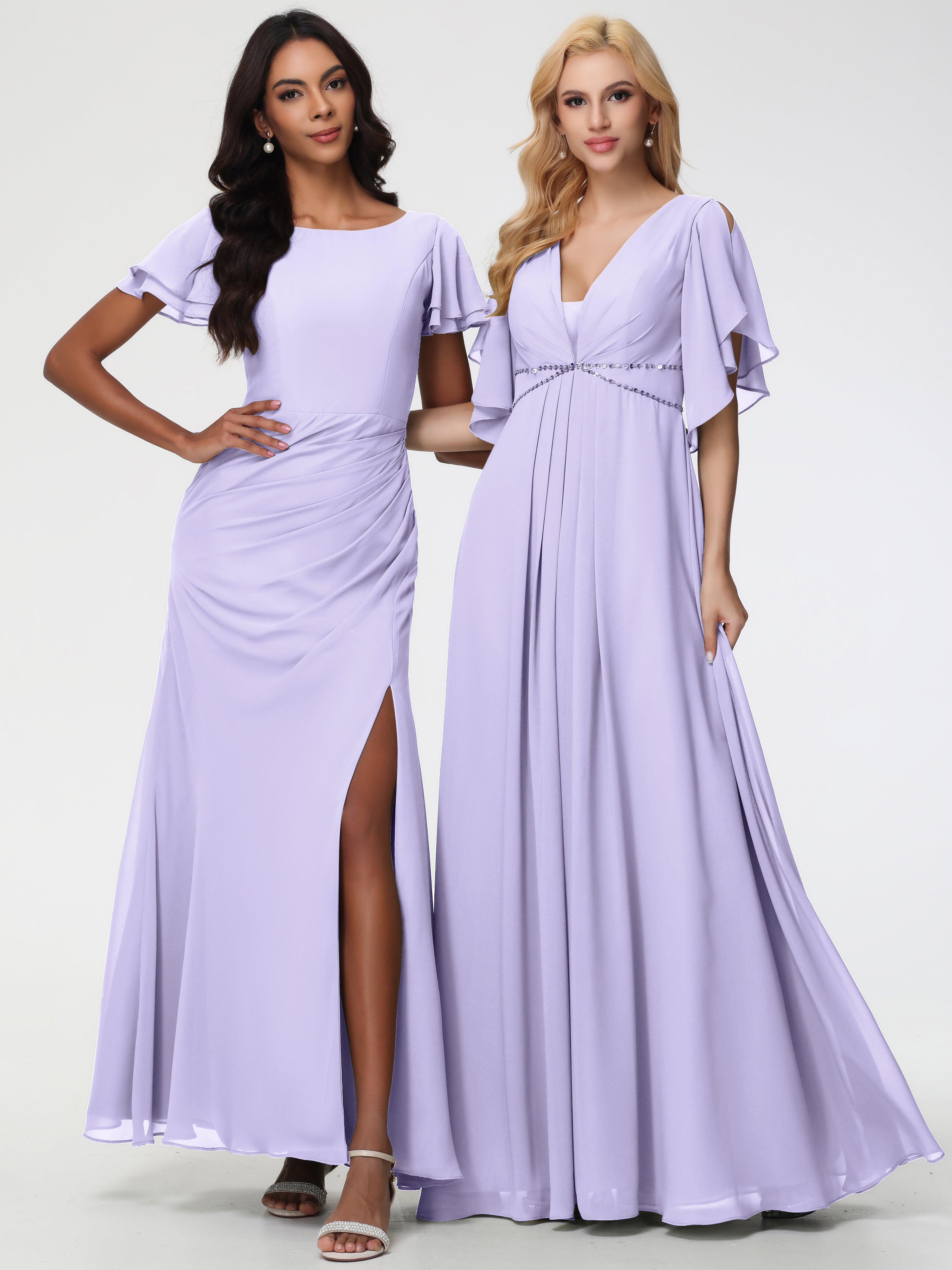A-Line Sequins Sleeves Floor-Length Chiffon Bridesmaid Dresses