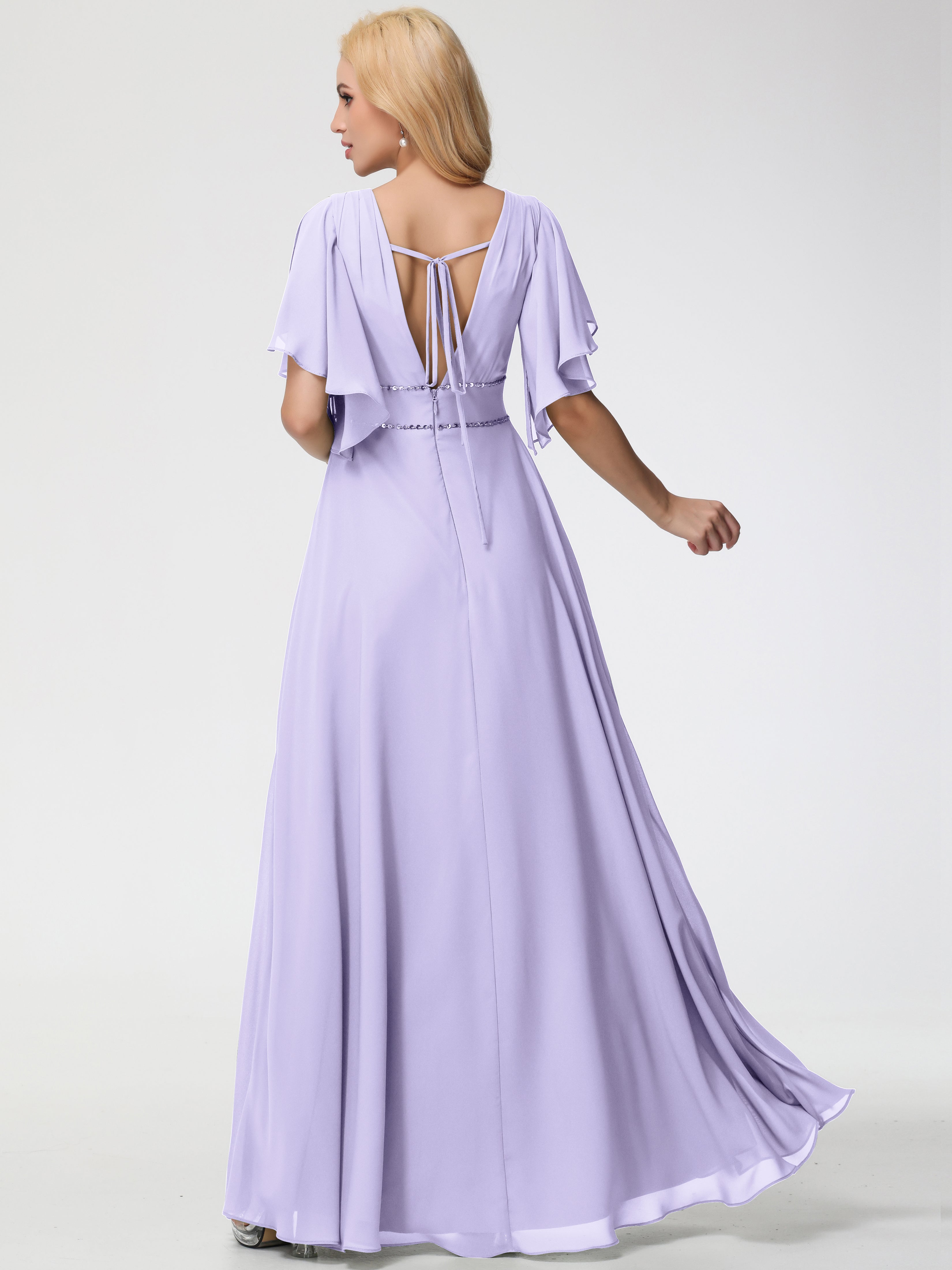 A-Line Sequins Sleeves Floor-Length Chiffon Bridesmaid Dresses