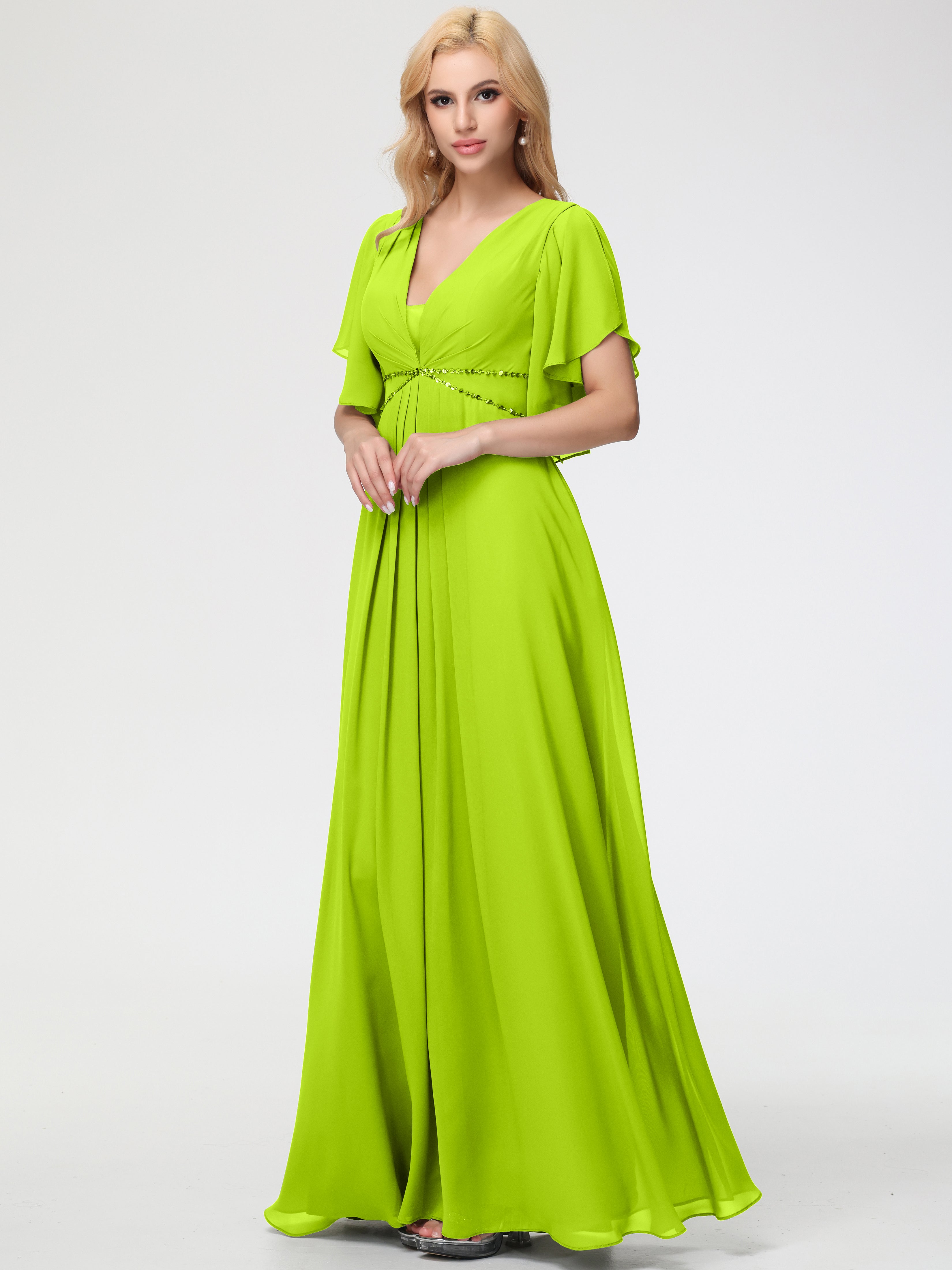 A-Line Sequins Sleeves Floor-Length Chiffon Bridesmaid Dresses