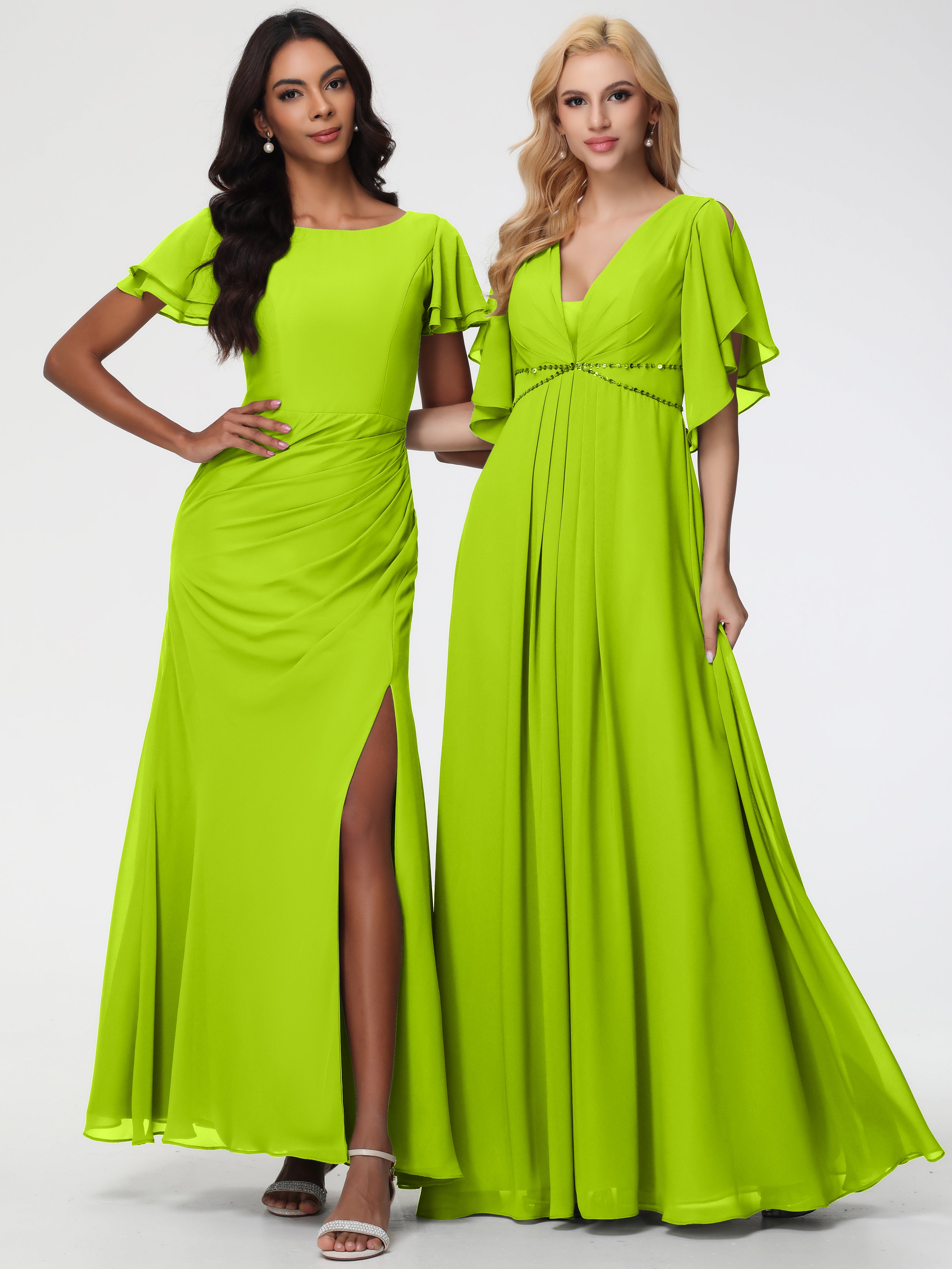 A-Line Sequins Sleeves Floor-Length Chiffon Bridesmaid Dresses