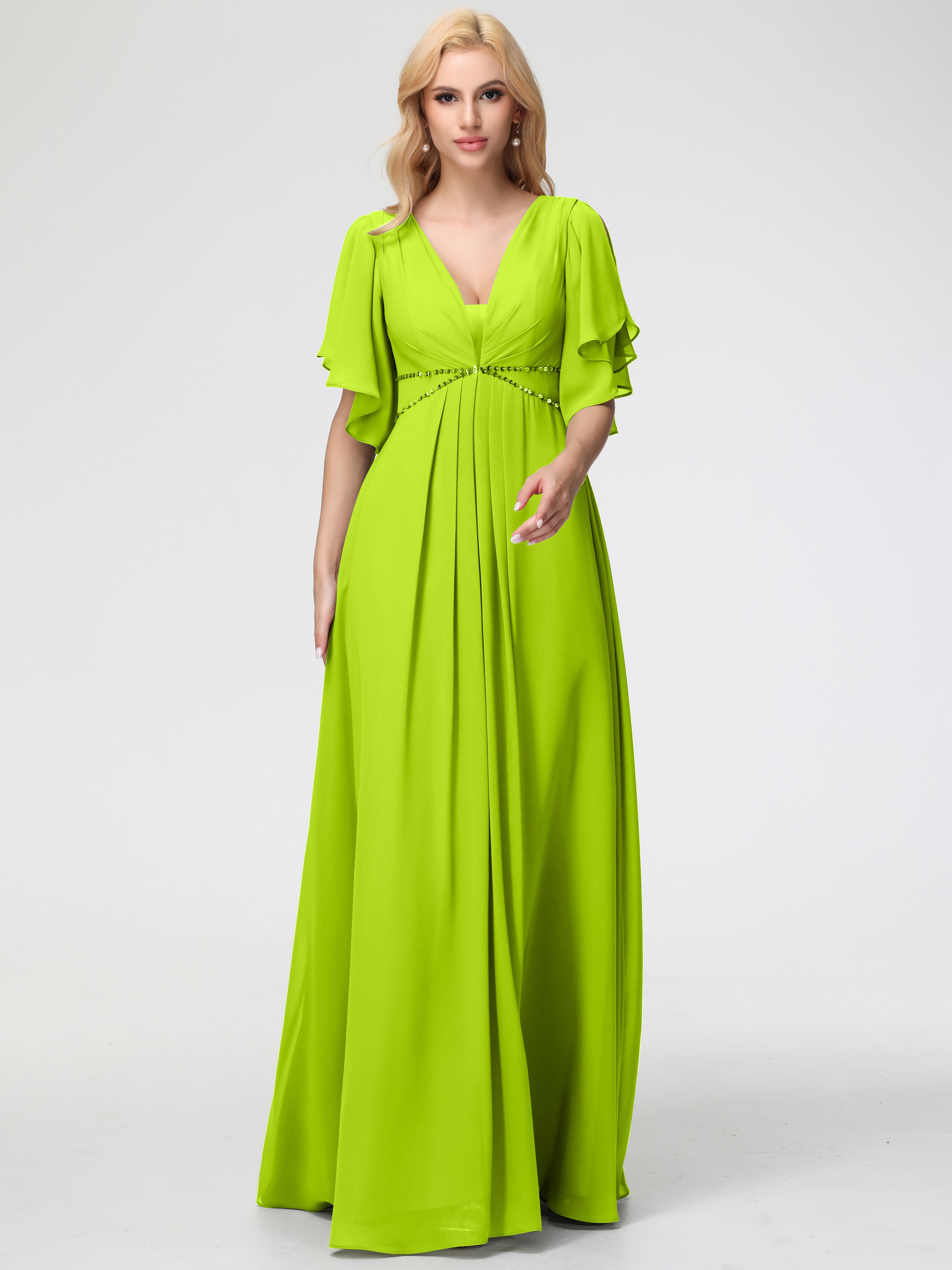 A-Line Sequins Sleeves Floor-Length Chiffon Bridesmaid Dresses