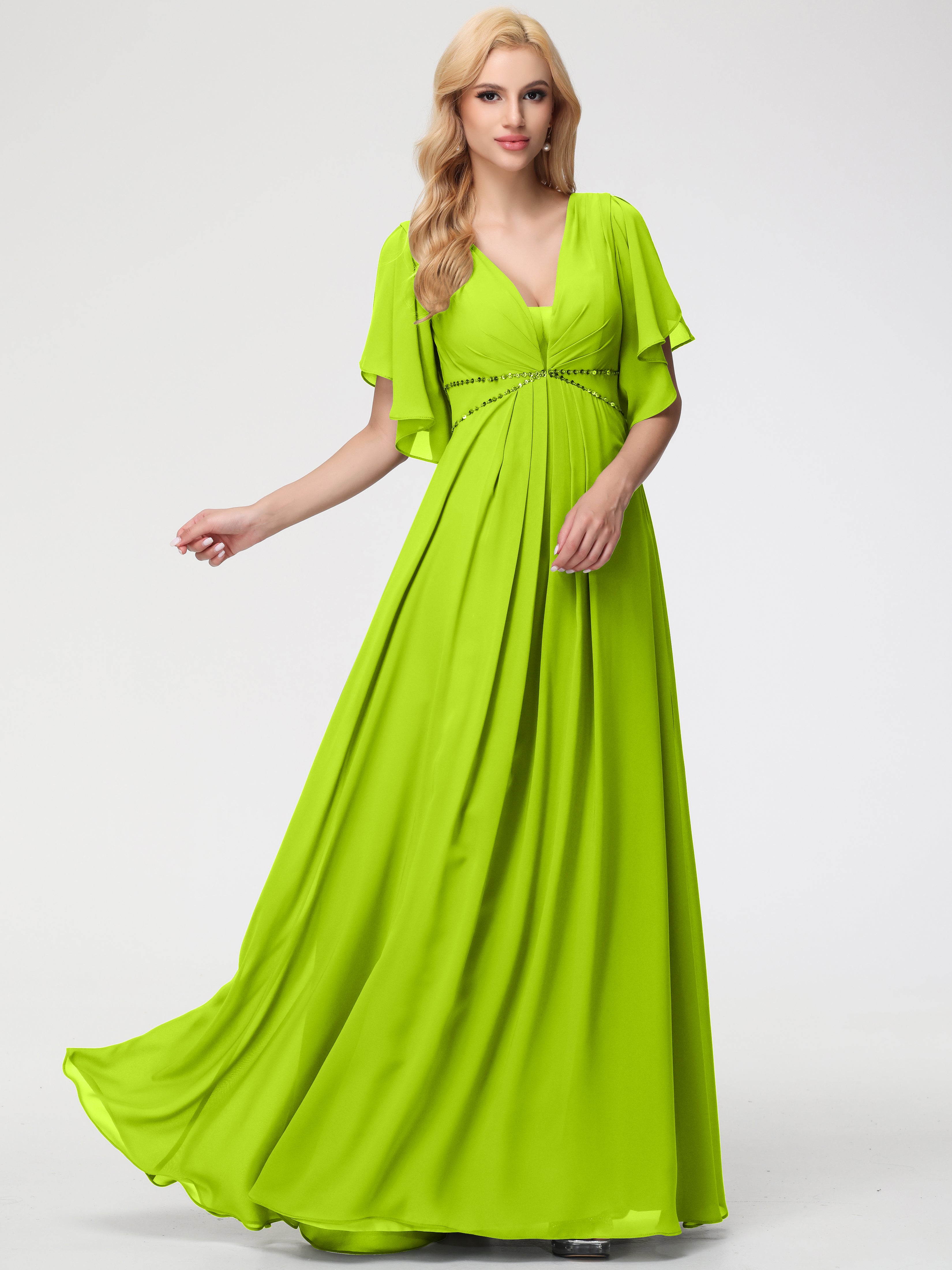 A-Line Sequins Sleeves Floor-Length Chiffon Bridesmaid Dresses