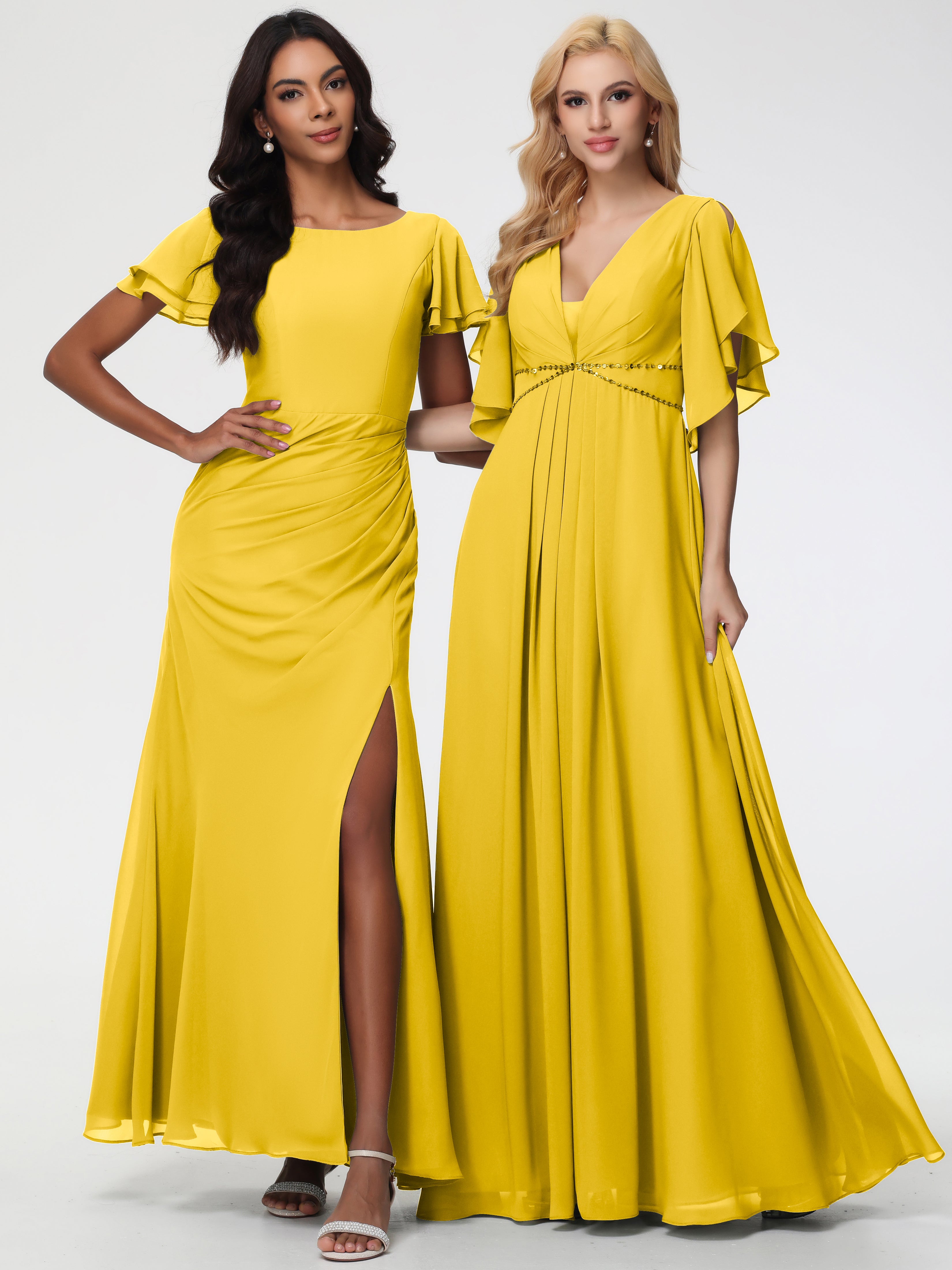 A-Line Sequins Sleeves Floor-Length Chiffon Bridesmaid Dresses