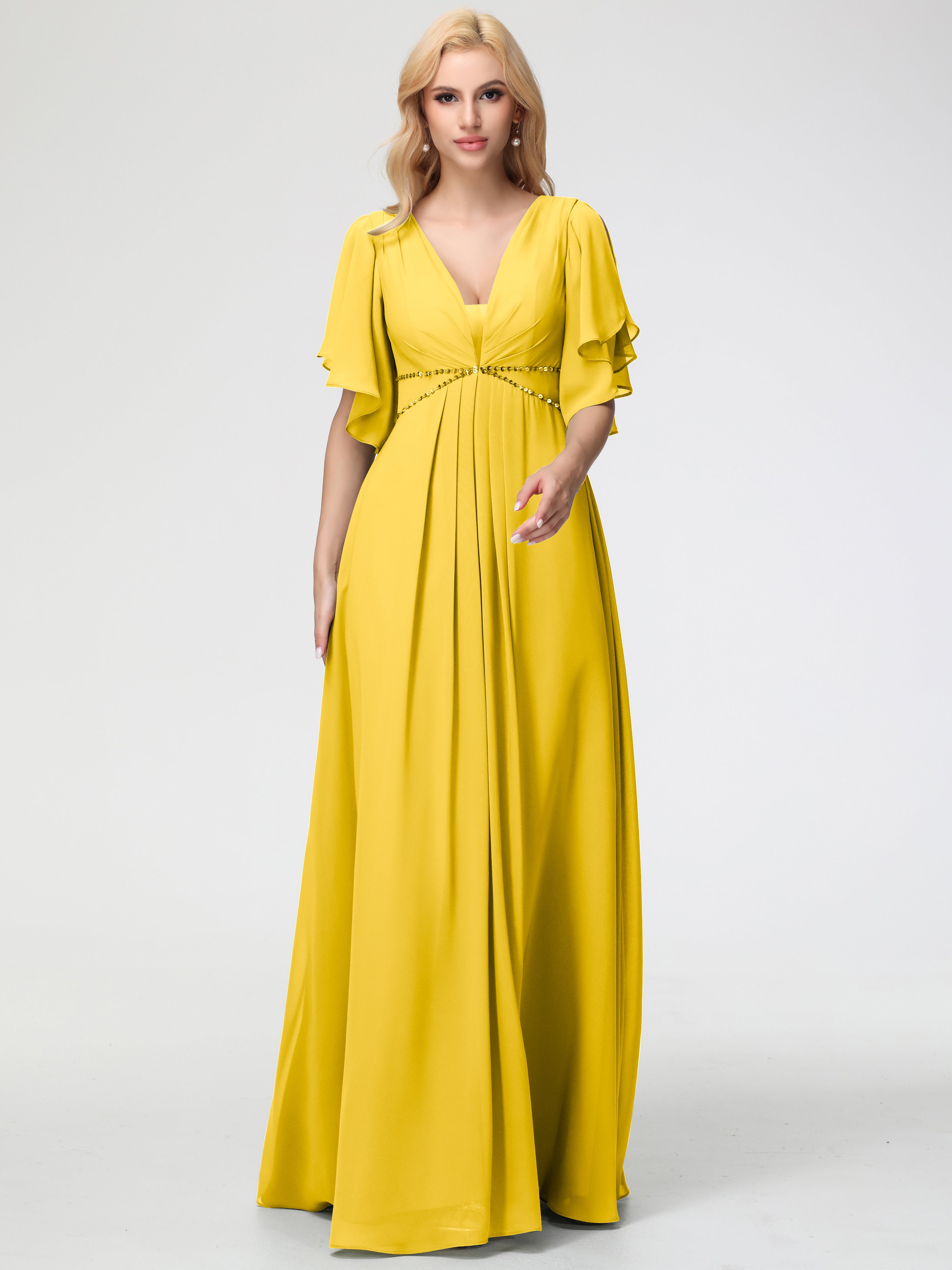 A-Line Sequins Sleeves Floor-Length Chiffon Bridesmaid Dresses