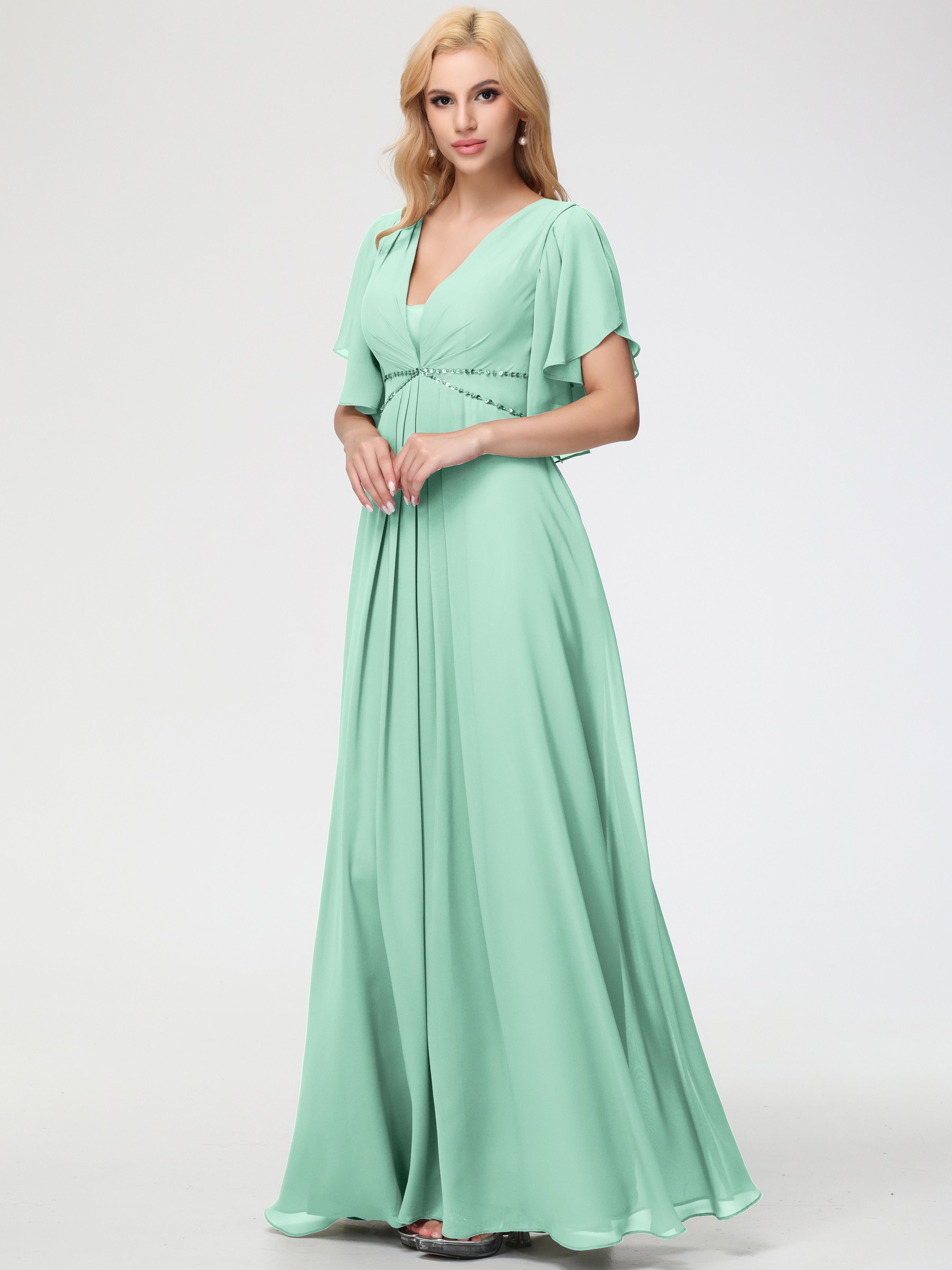 A-Line Sequins Sleeves Floor-Length Chiffon Bridesmaid Dresses