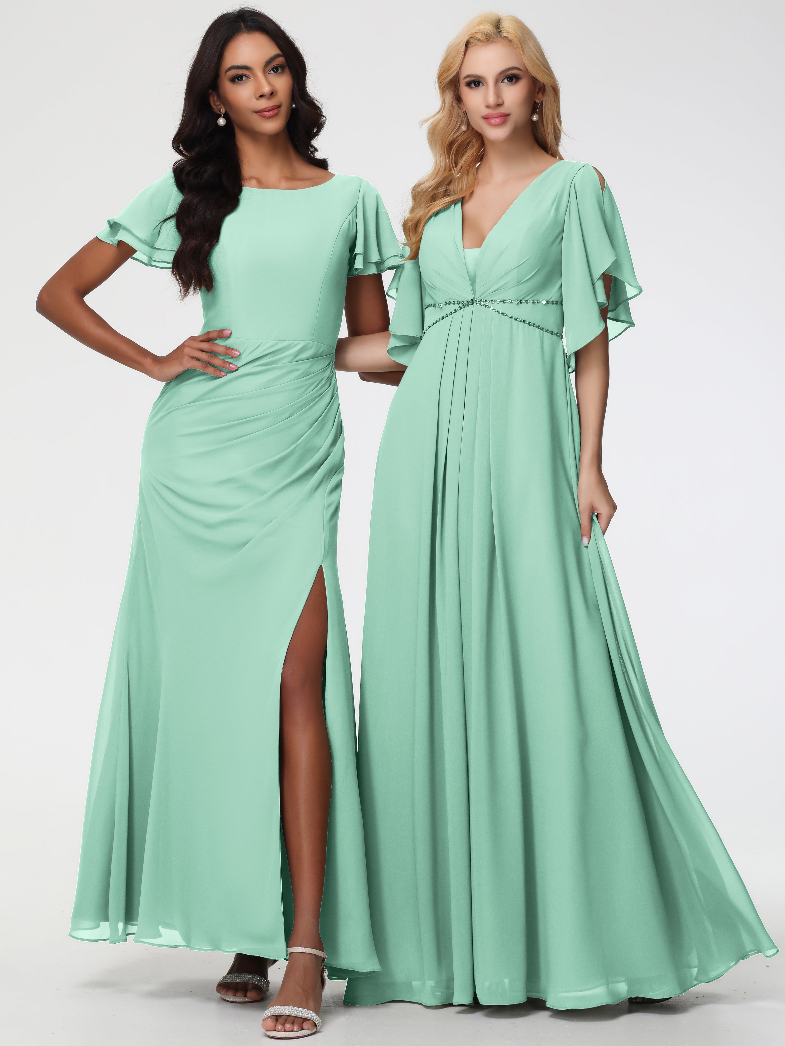 A-Line Sequins Sleeves Floor-Length Chiffon Bridesmaid Dresses