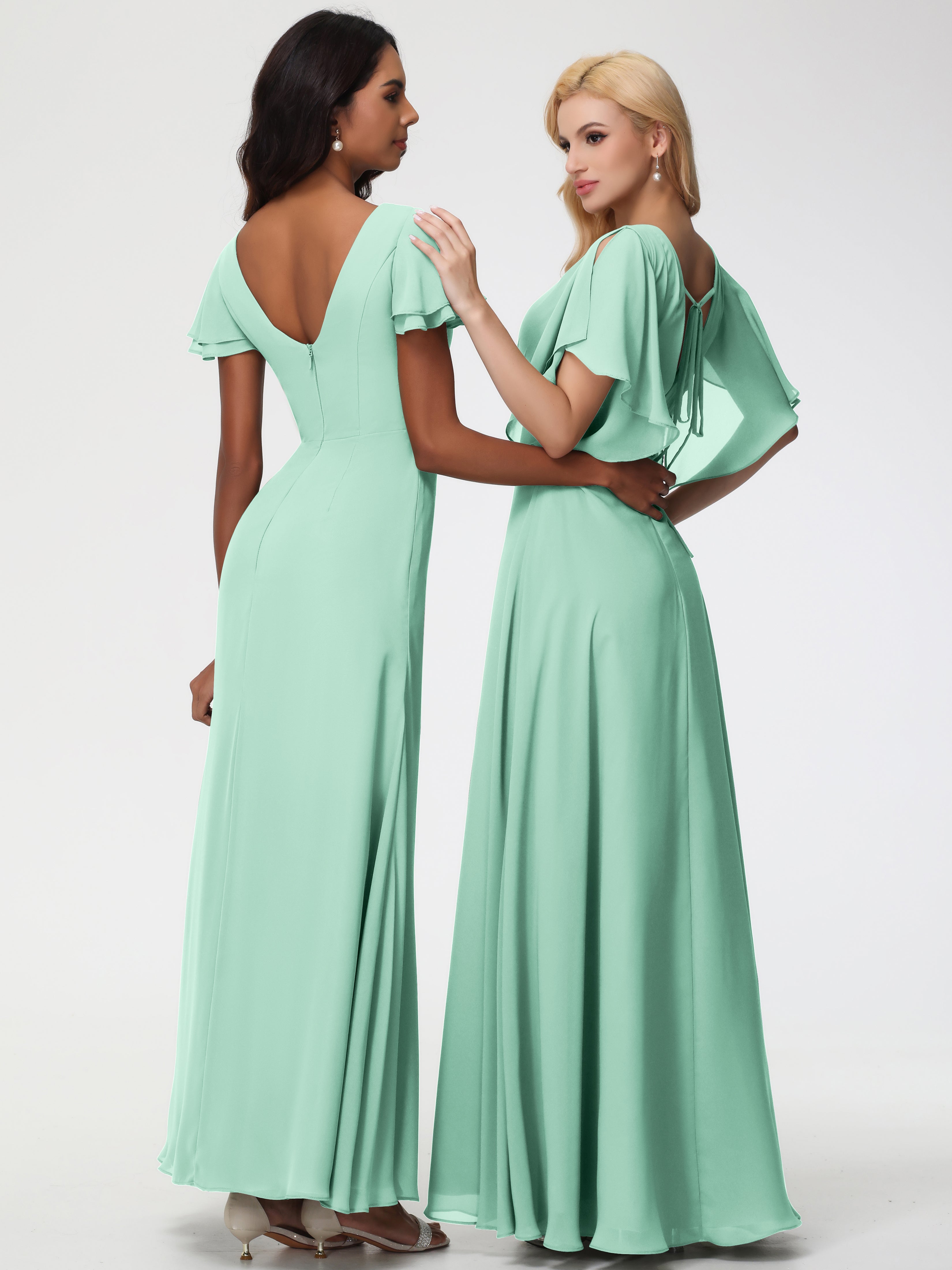A-Line Sequins Sleeves Floor-Length Chiffon Bridesmaid Dresses
