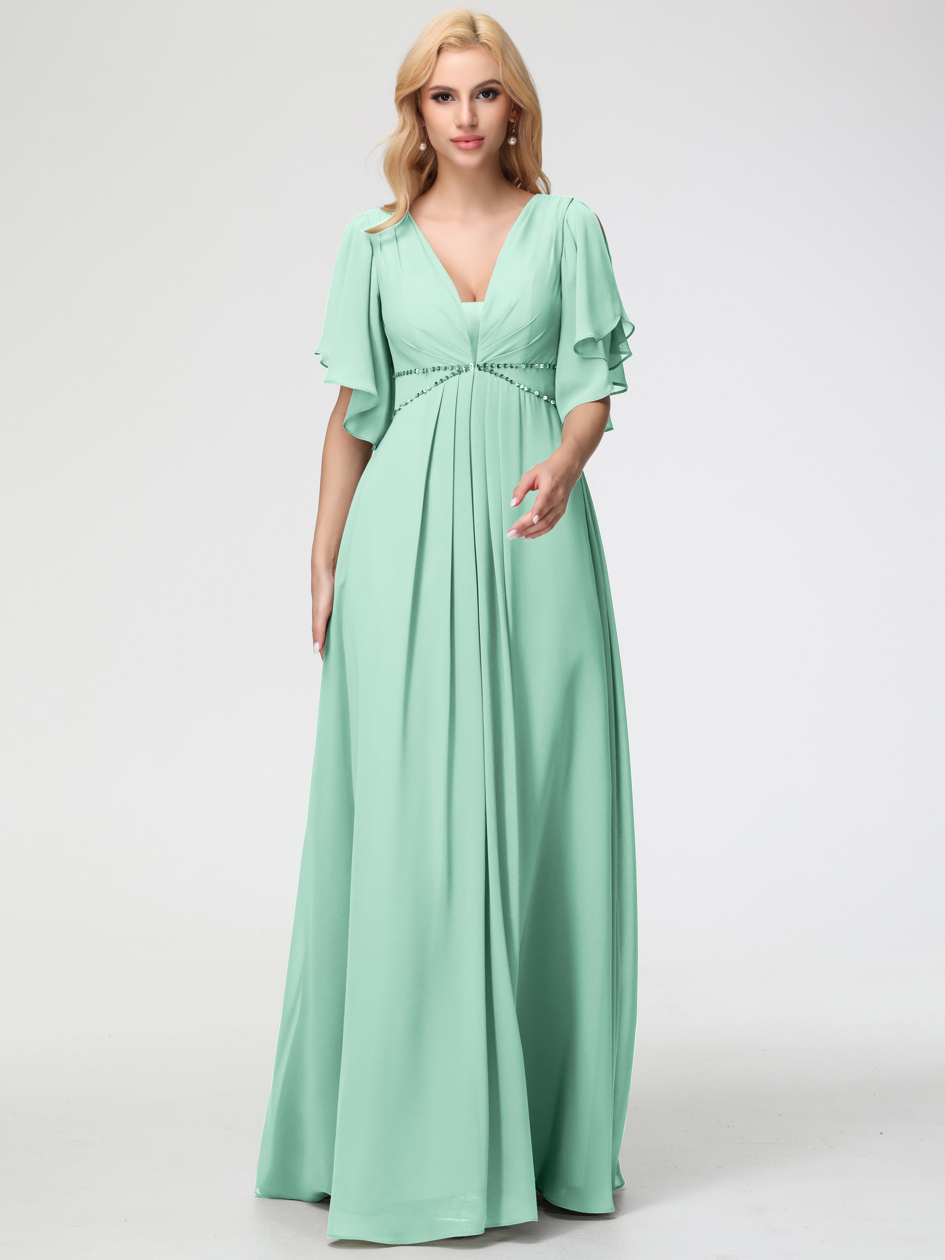 A-Line Sequins Sleeves Floor-Length Chiffon Bridesmaid Dresses