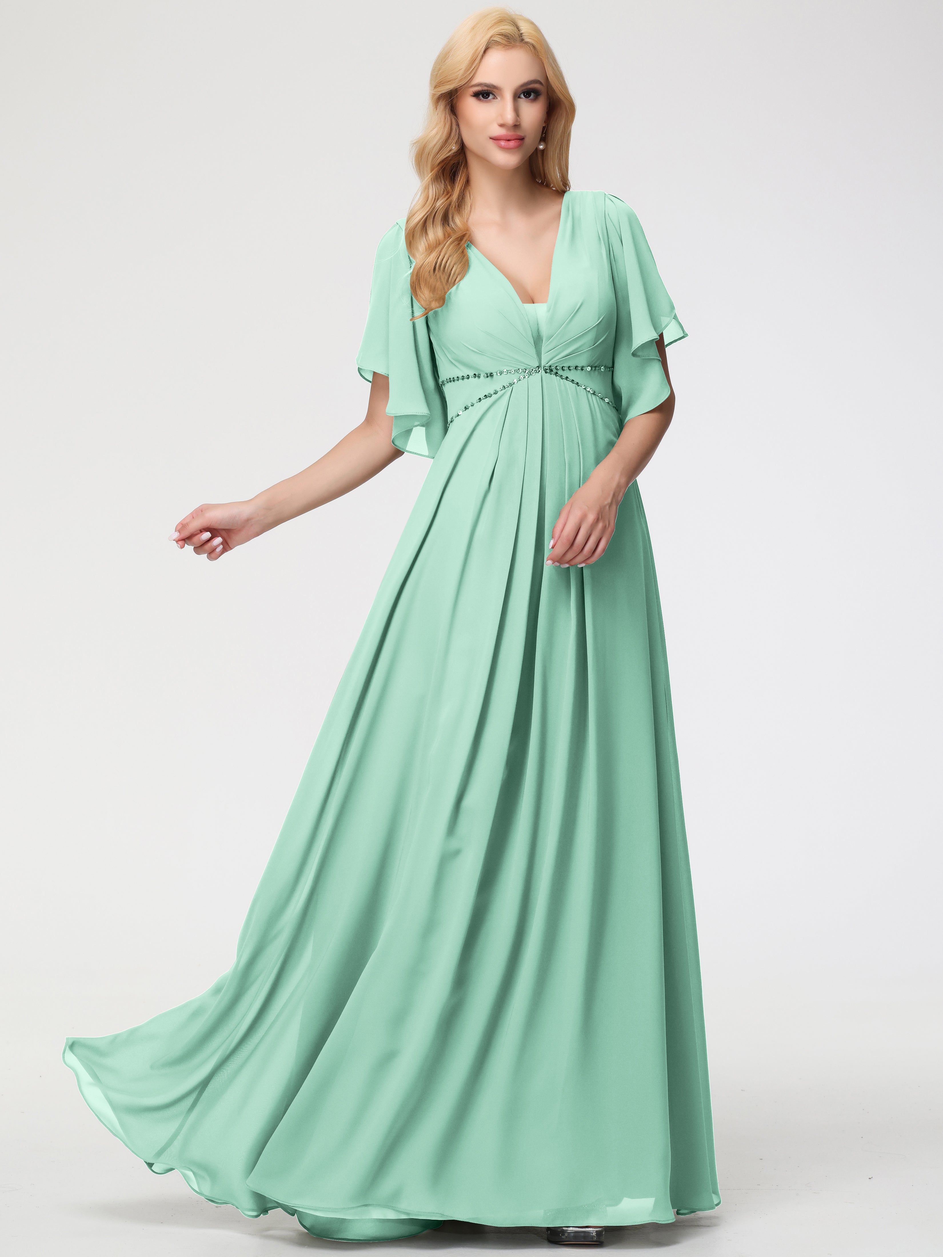 A-Line Sequins Sleeves Floor-Length Chiffon Bridesmaid Dresses