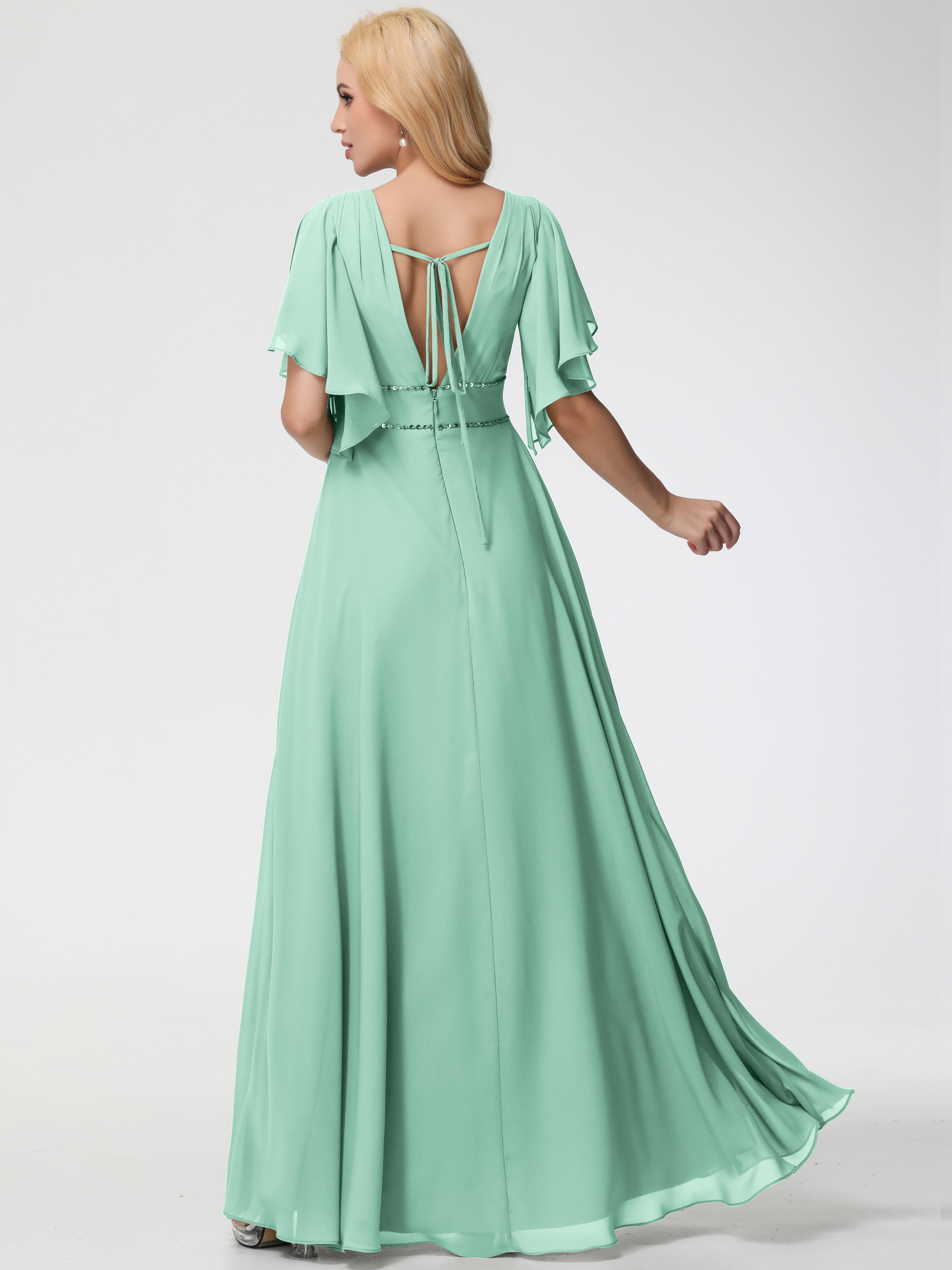 A-Line Sequins Sleeves Floor-Length Chiffon Bridesmaid Dresses