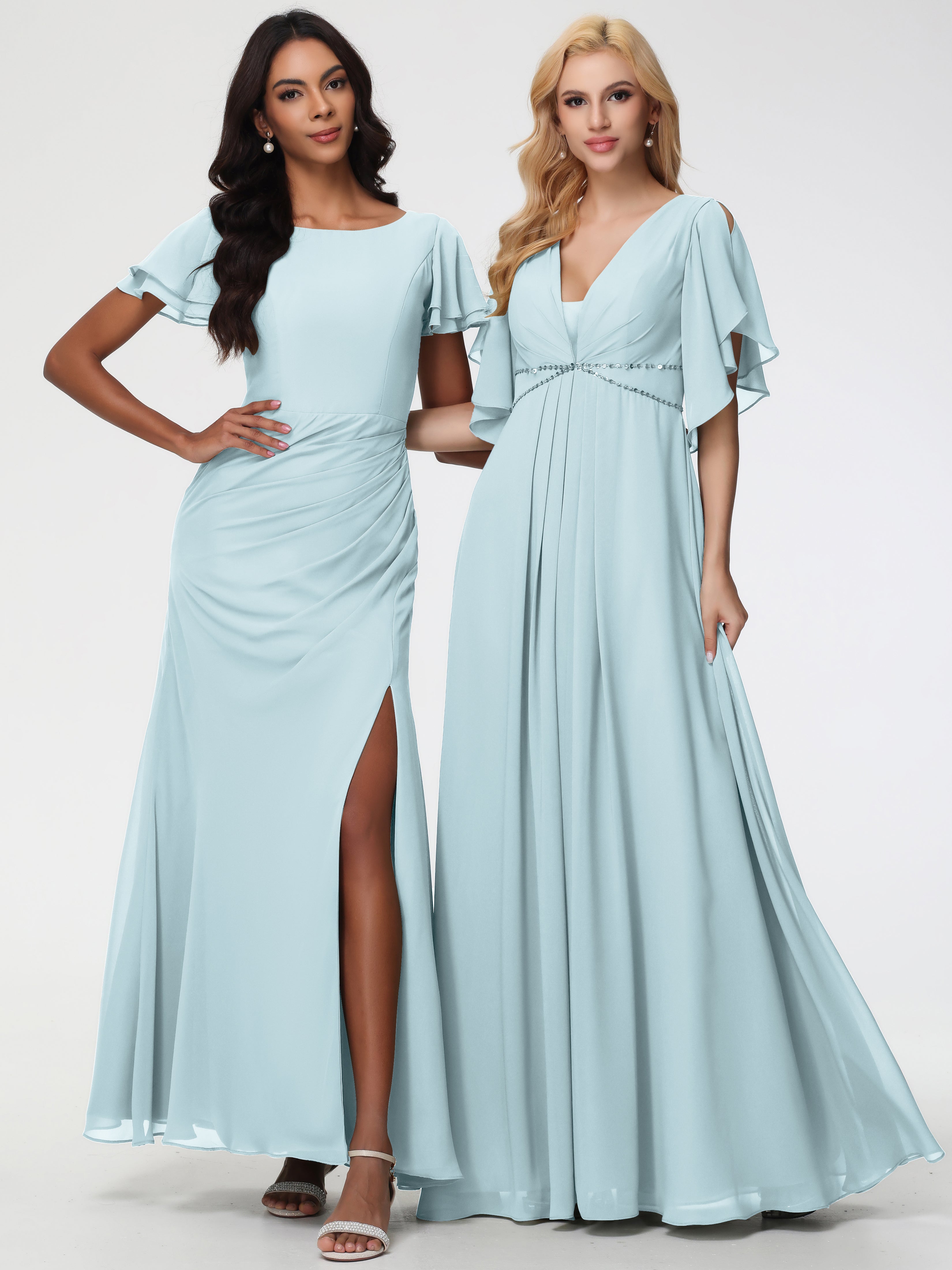 A-Line Sequins Sleeves Floor-Length Chiffon Bridesmaid Dresses