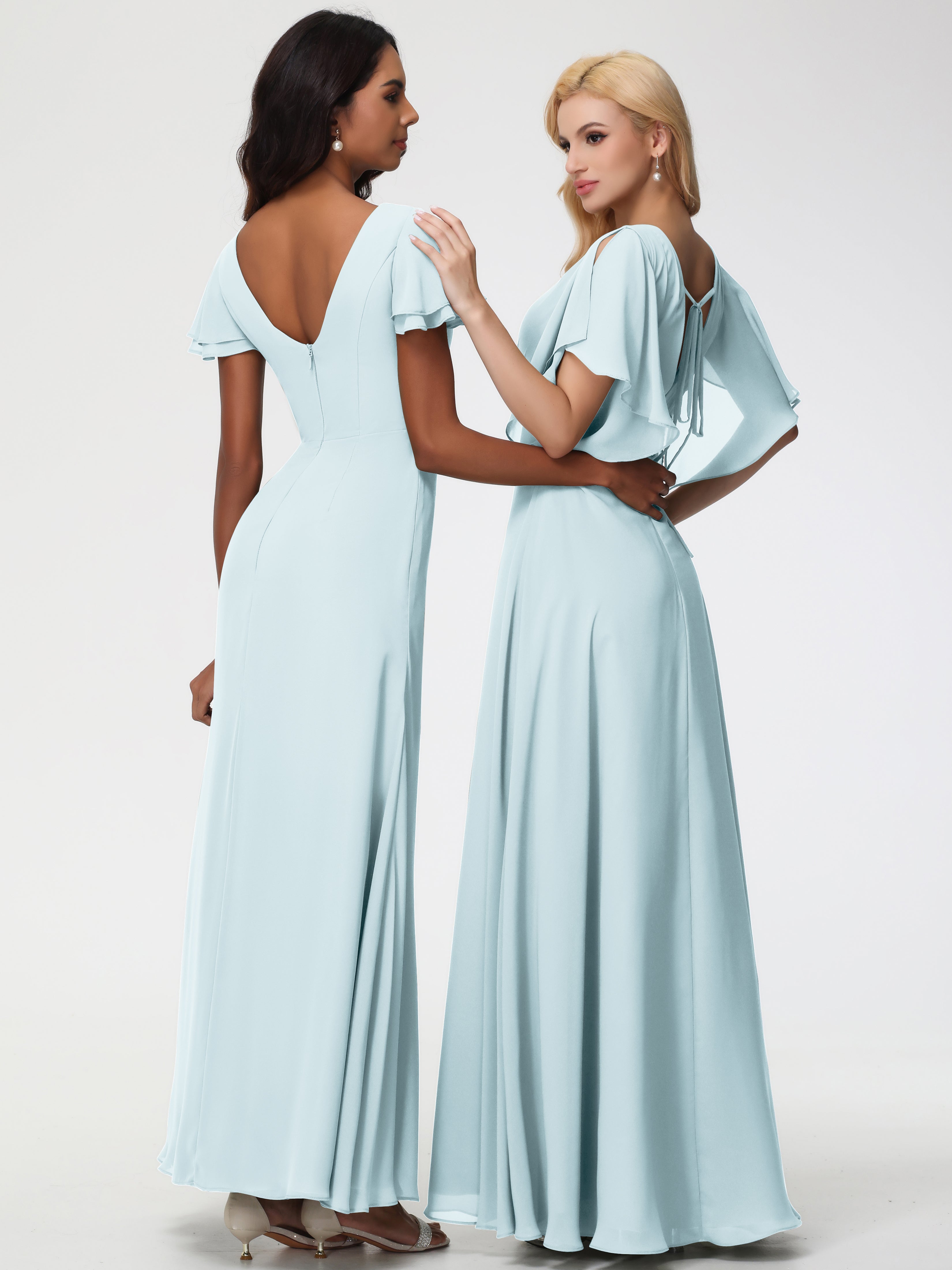 A-Line Sequins Sleeves Floor-Length Chiffon Bridesmaid Dresses