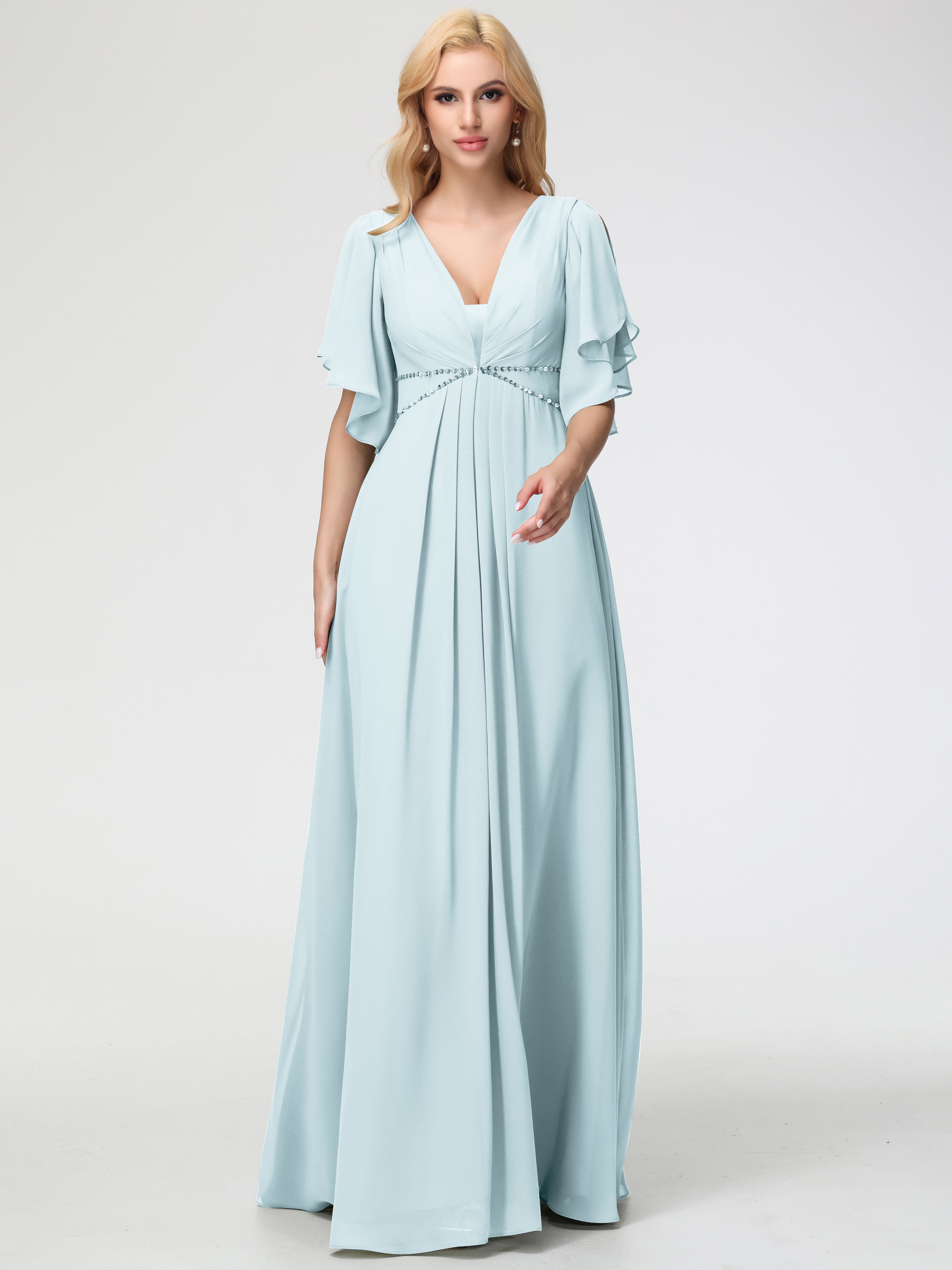 A-Line Sequins Sleeves Floor-Length Chiffon Bridesmaid Dresses